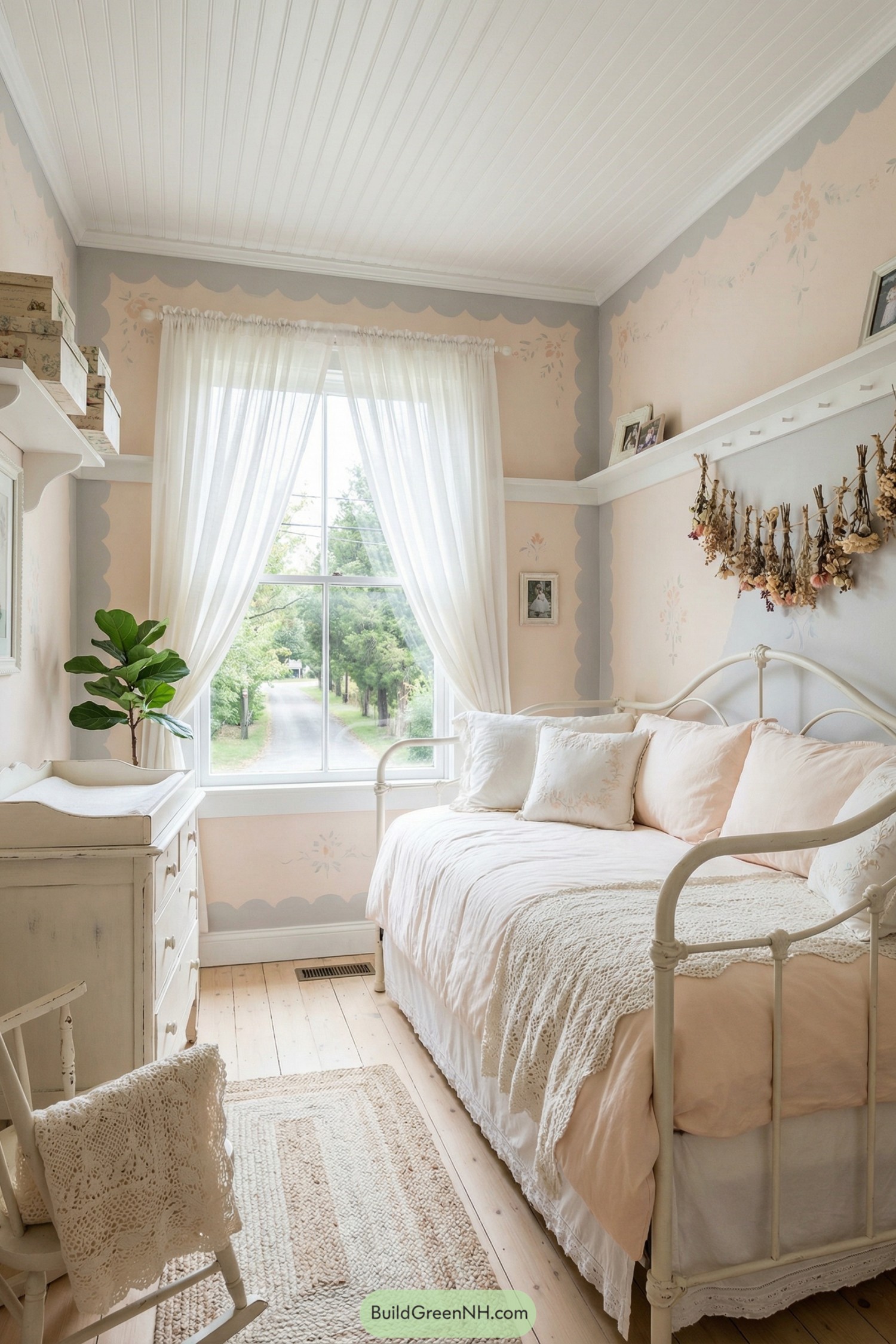 Soft pastel shabby chic bedroom with iron daybed white curtains and vintage touches