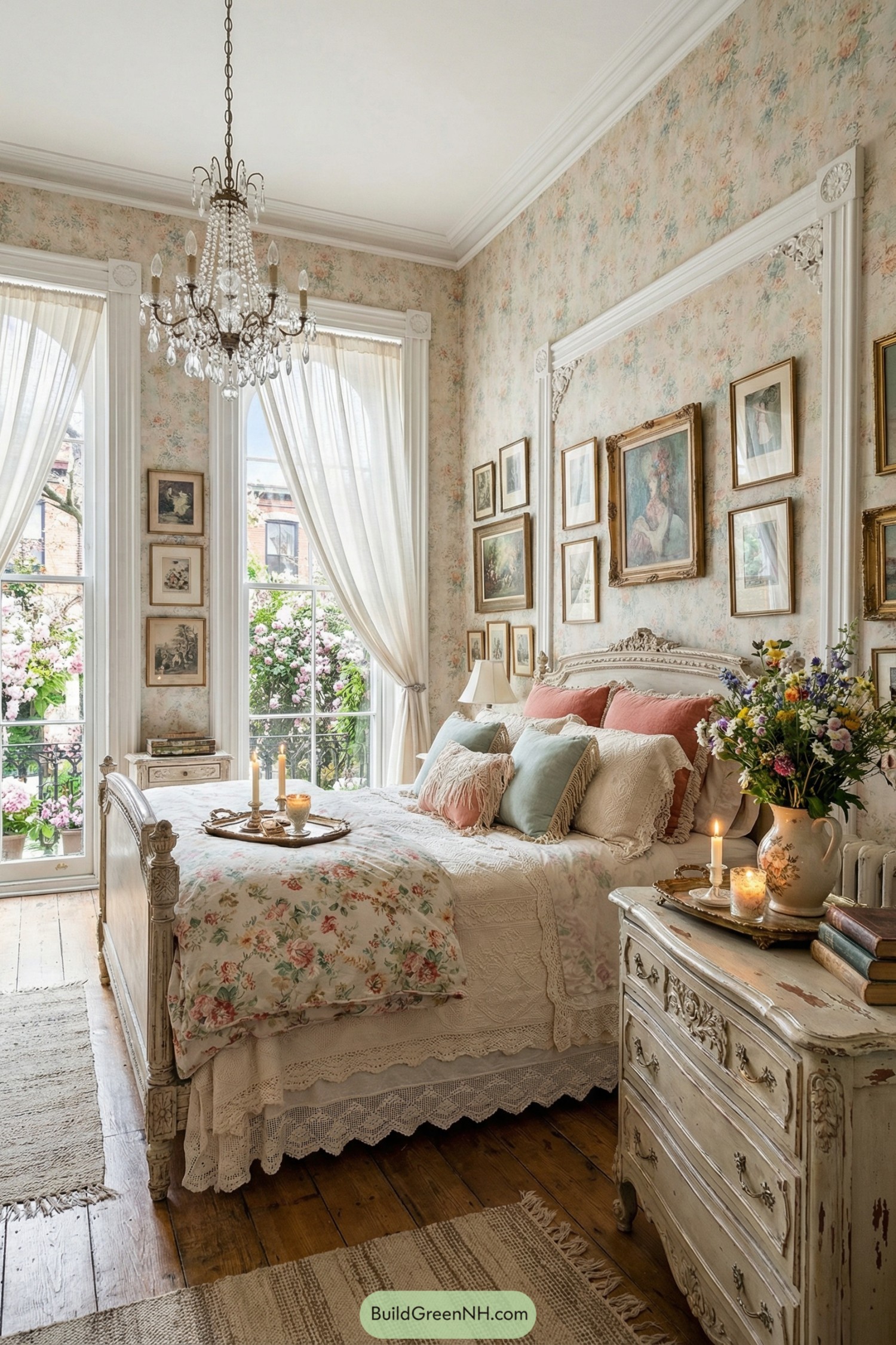 Vintage floral shabby chic bedroom with chandelier, framed art, and lacy bedding