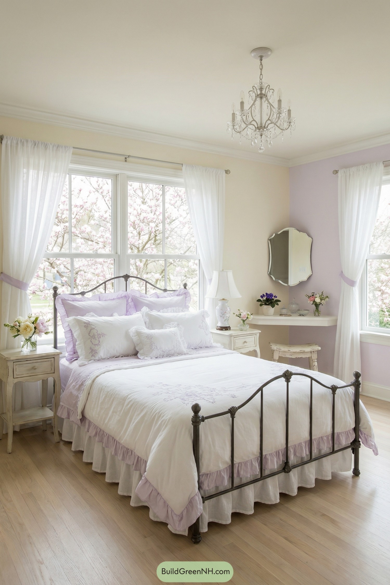 Bright shabby chic bedroom with lavender accents white bedding metal bed and large windows with sheer curtains