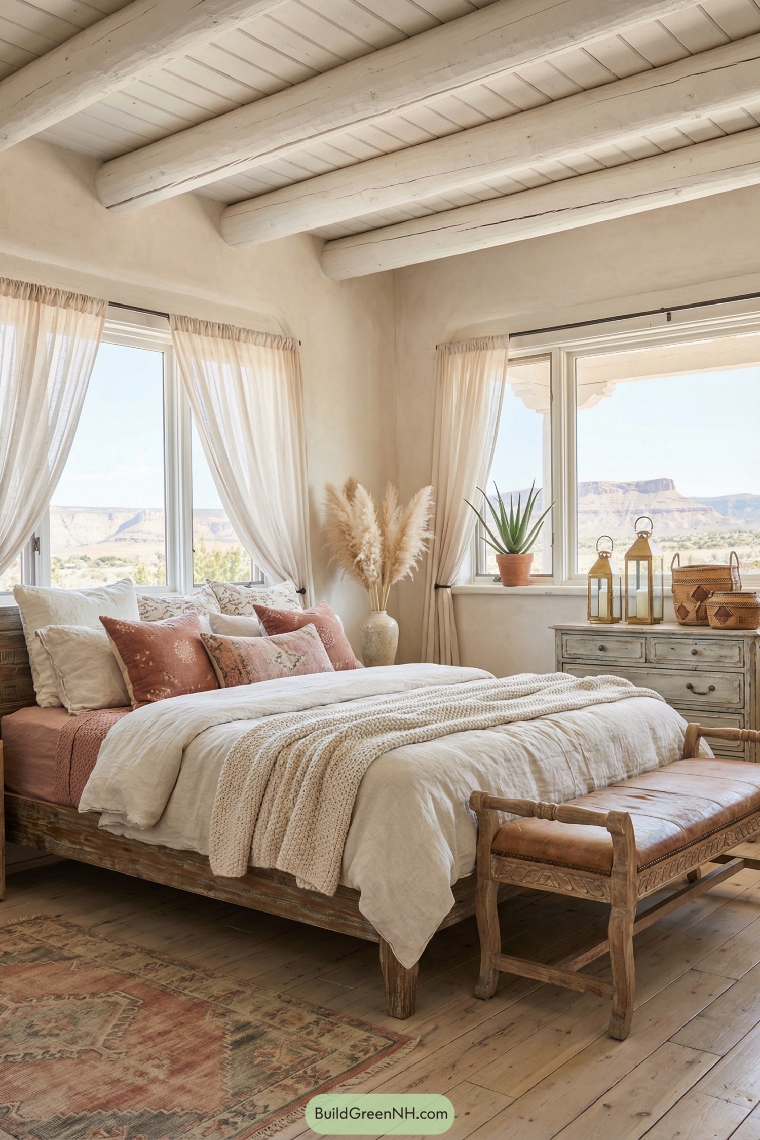 Warm neutral shabby chic bedroom with large windows and desert view