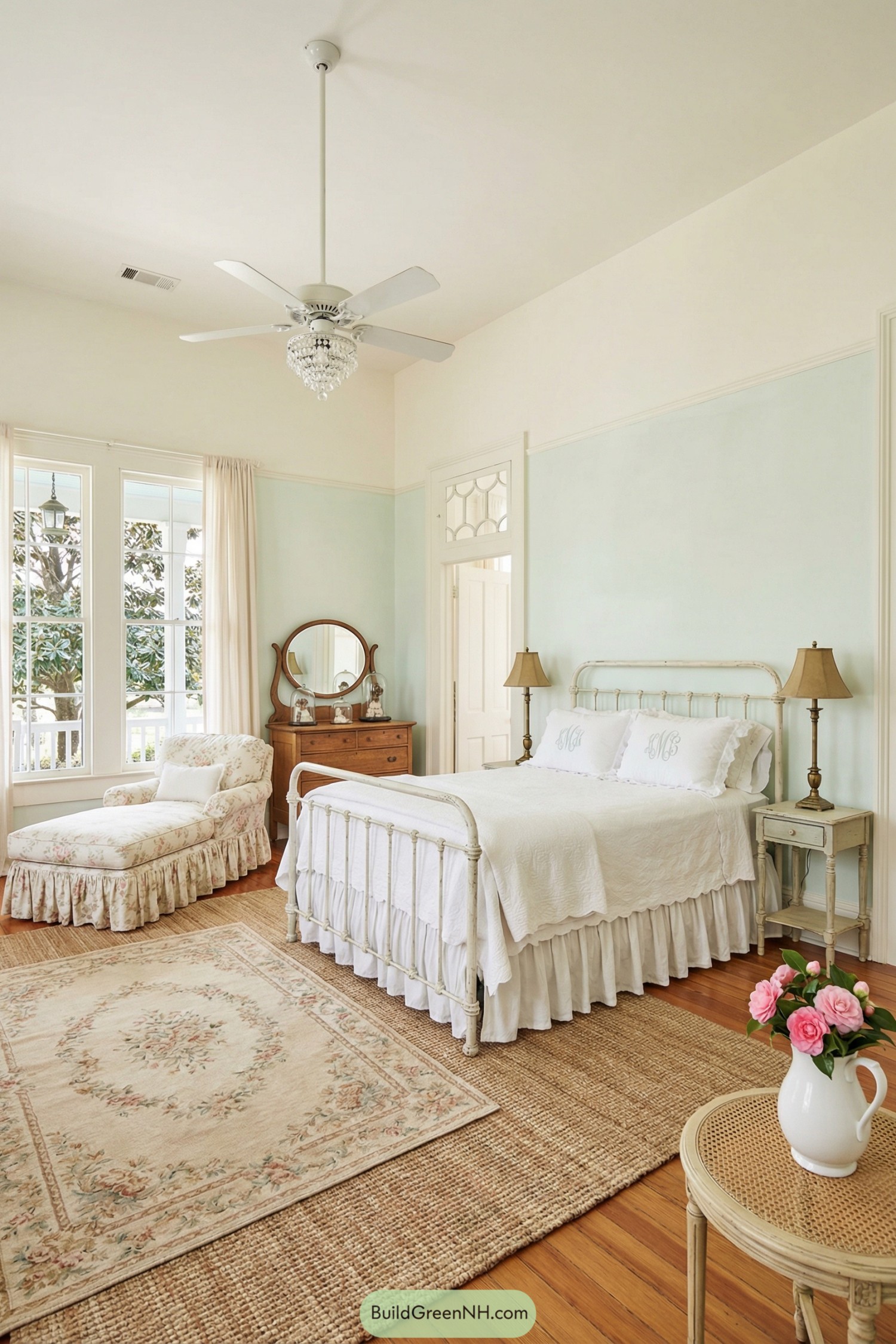 Soft mint and cream shabby chic bedroom with vintage iron bed, floral chaise, and layered rugs