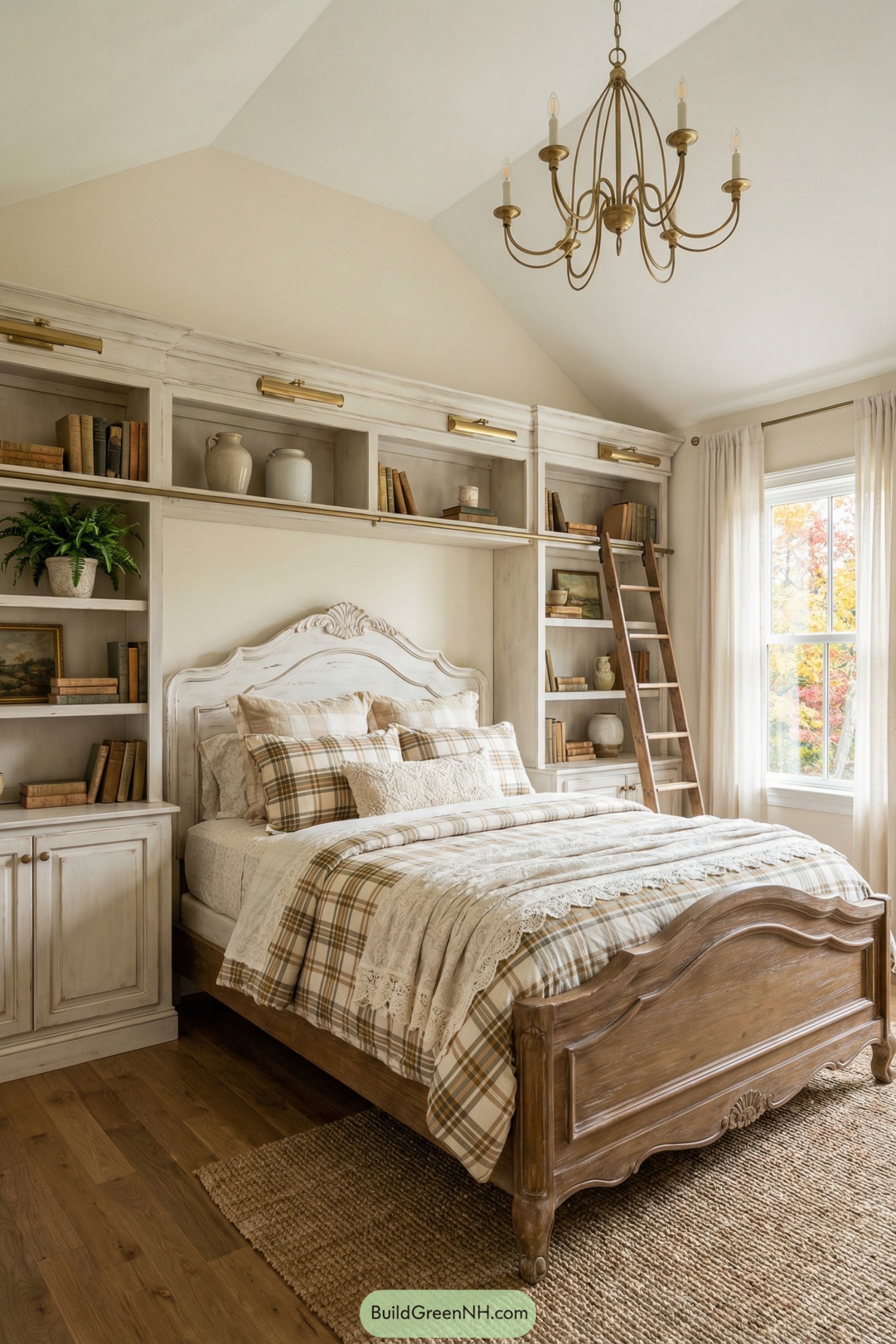 Shabby chic bedroom with built in bookshelves and plaid bedding