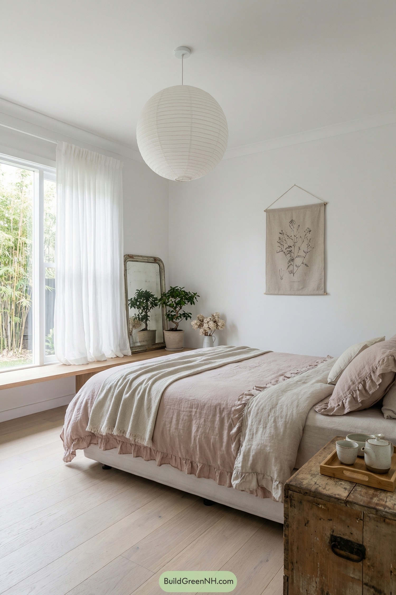 Airy shabby chic bedroom with soft neutrals