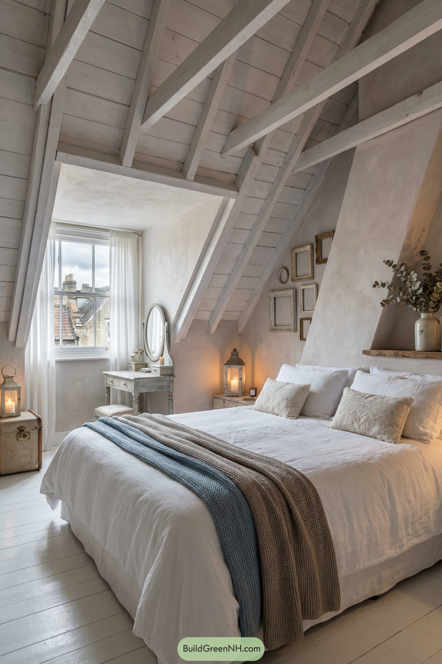 Soft neutral attic bedroom with vintage decor