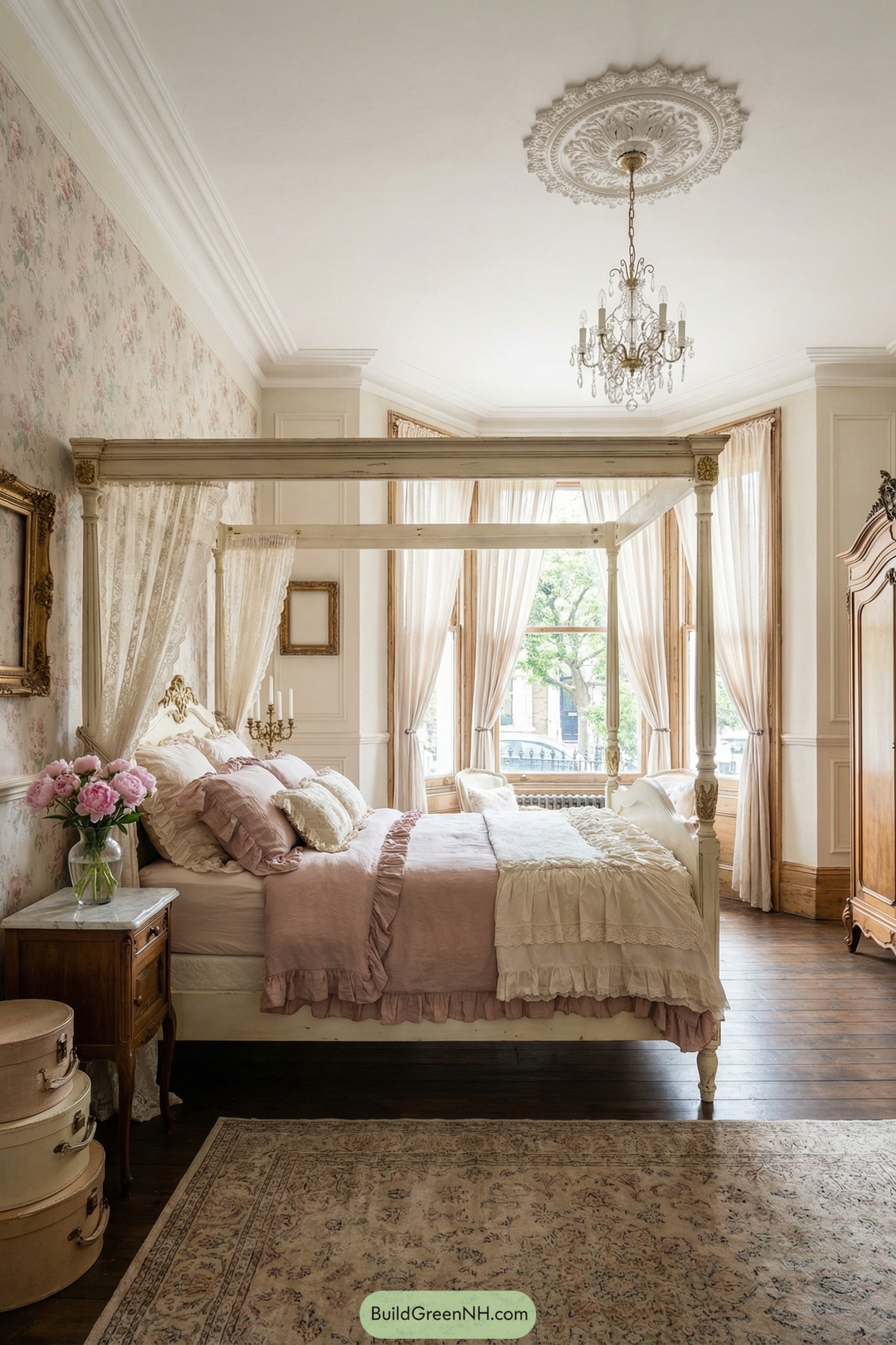 Romantic shabby chic bedroom with four poster bed soft pink bedding and vintage accents