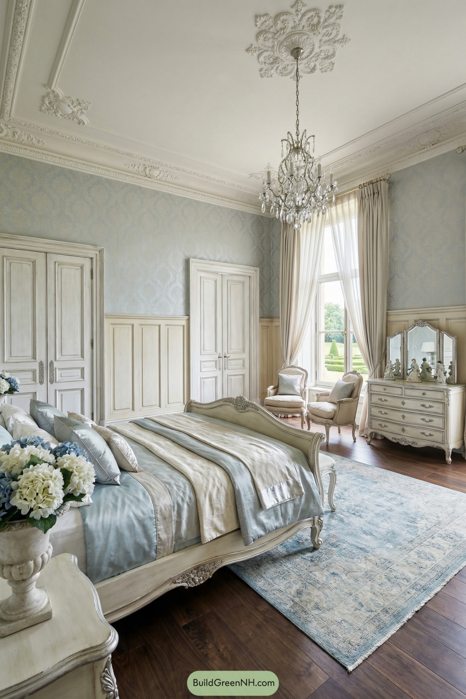 Elegant pale blue shabby chic bedroom with ornate bed, chandelier, and cream paneled walls
