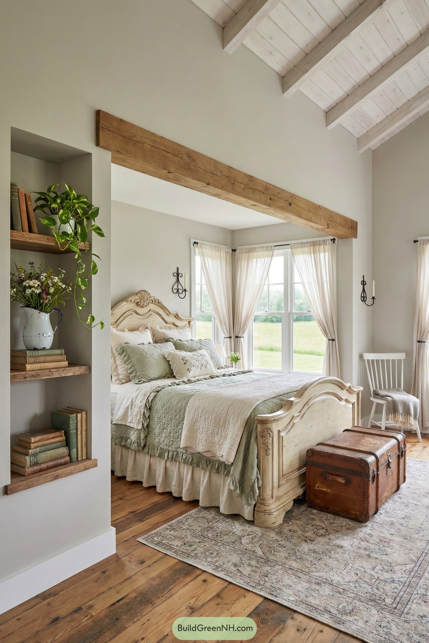 Soft neutral farmhouse bedroom with vintage accents