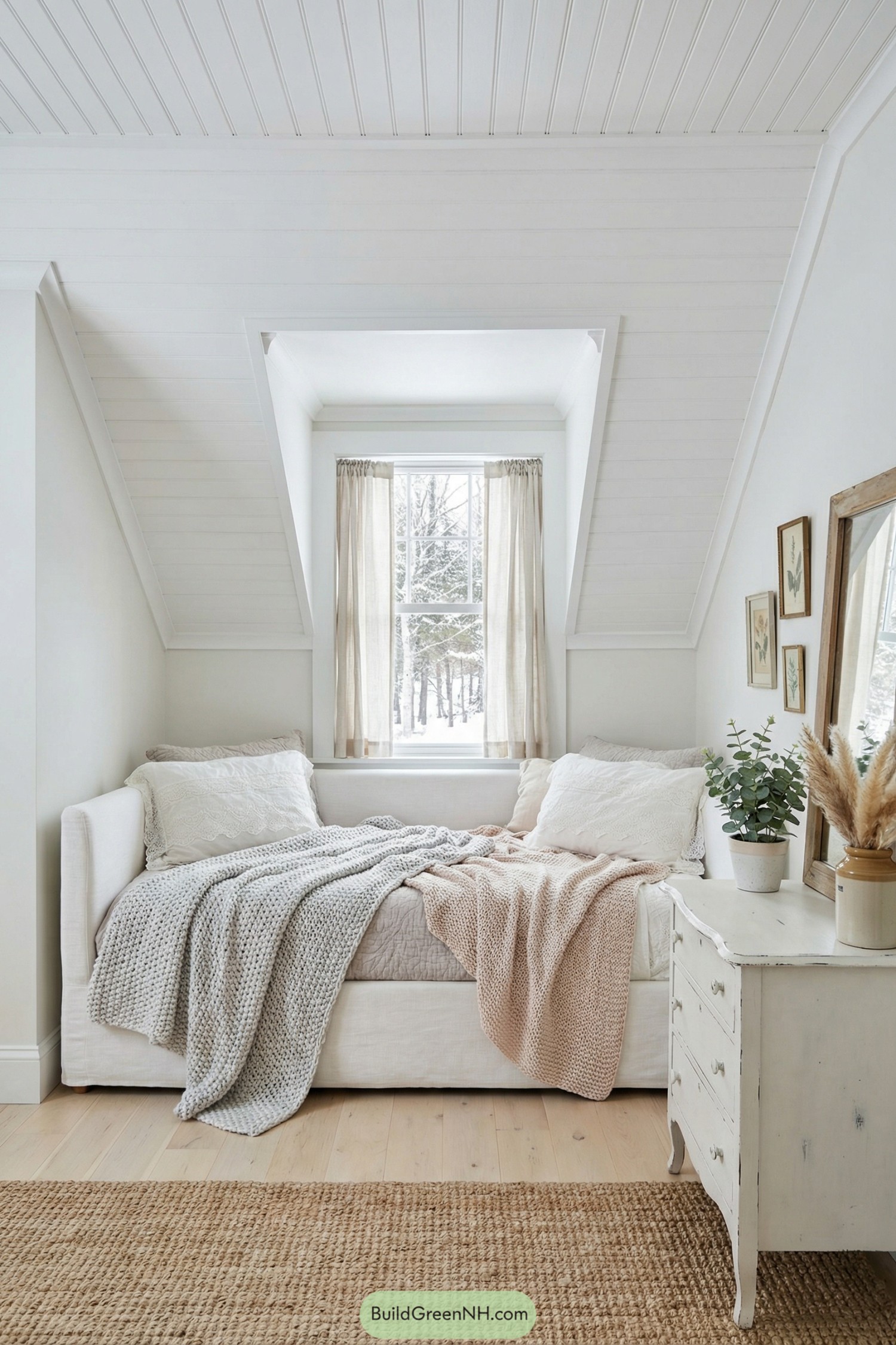 Cozy white attic bedroom with layered neutral bedding and vintage dresser