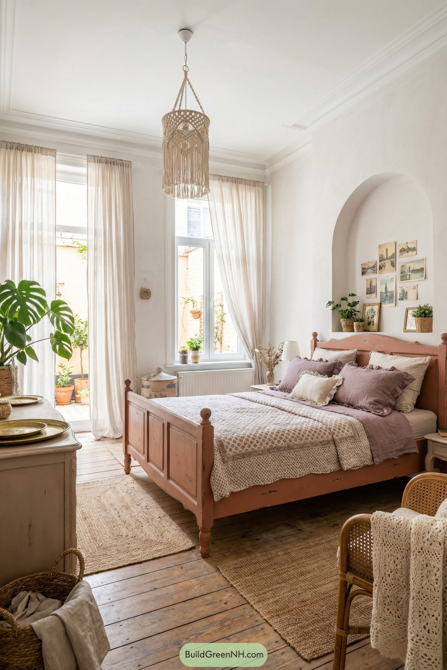 Cozy shabby chic bedroom with terracotta bed, sheer curtains, and natural textures