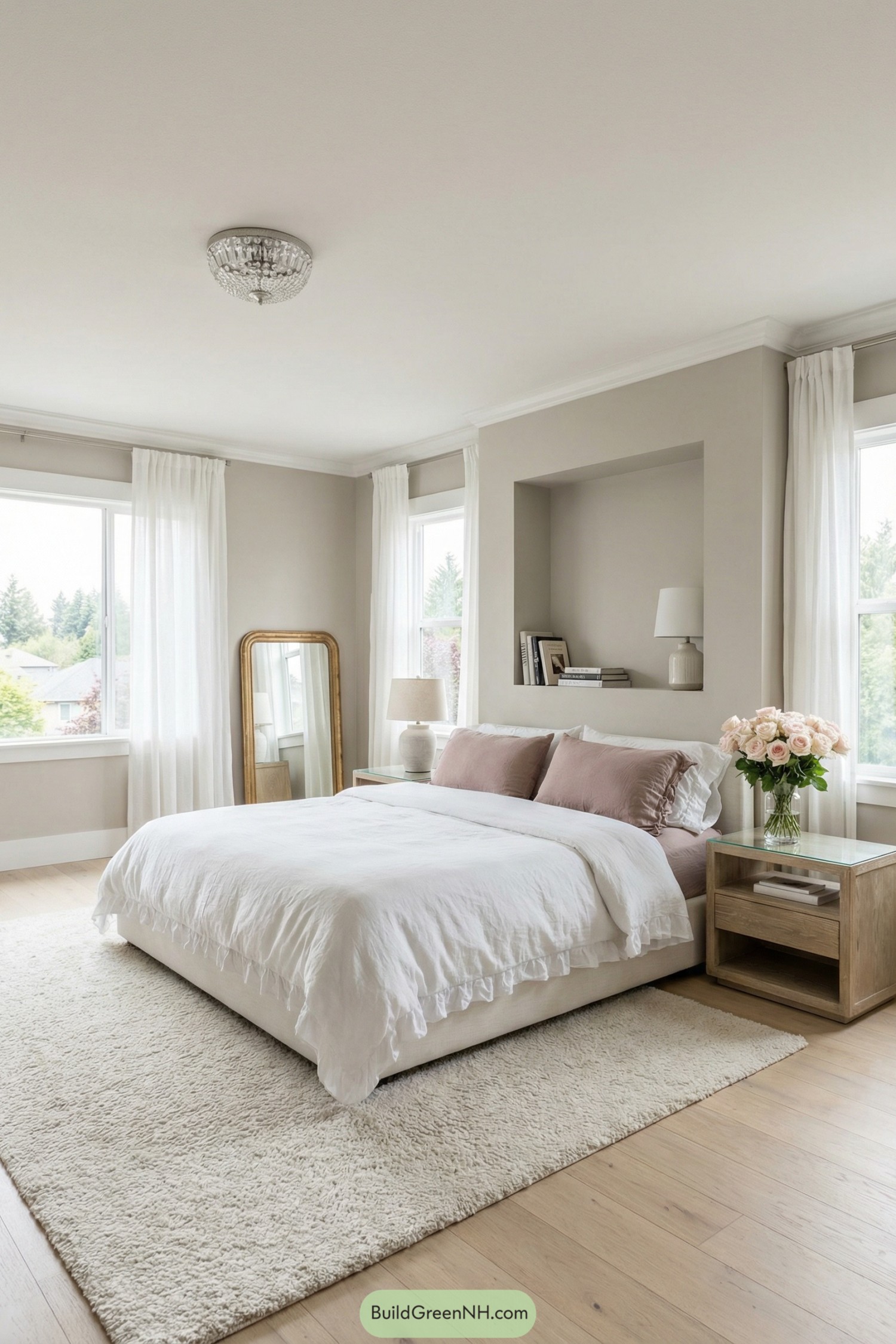Calm neutral bedroom with white bedding blush pillows sheer curtains and light wood accents