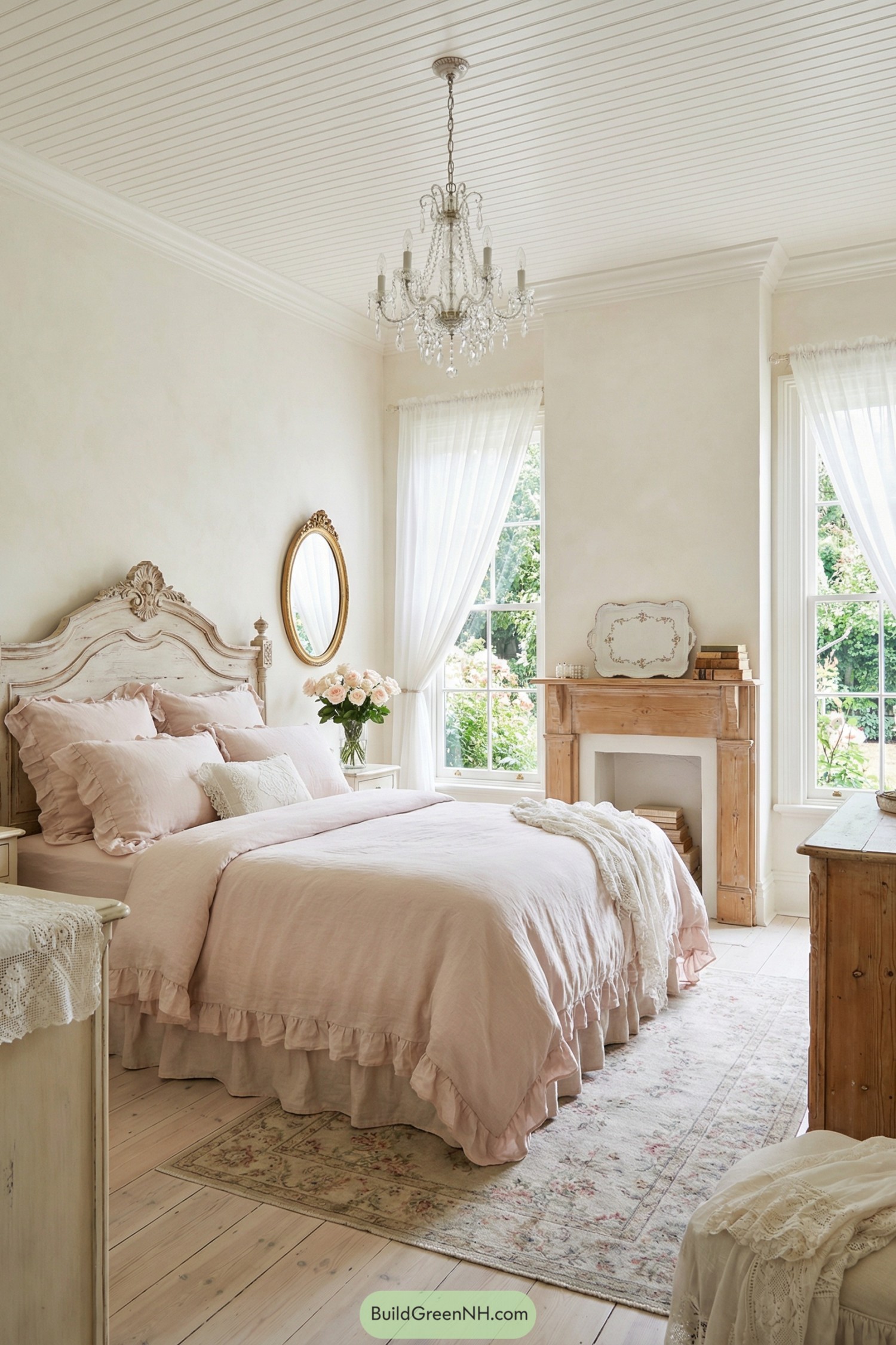 Soft pink shabby chic bedroom with vintage accents