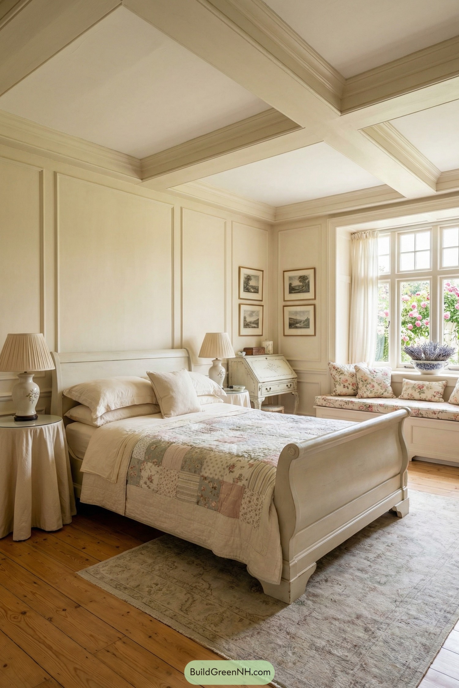 Soft cream shabby chic bedroom with sleigh bed, floral window seat, and coffered ceiling