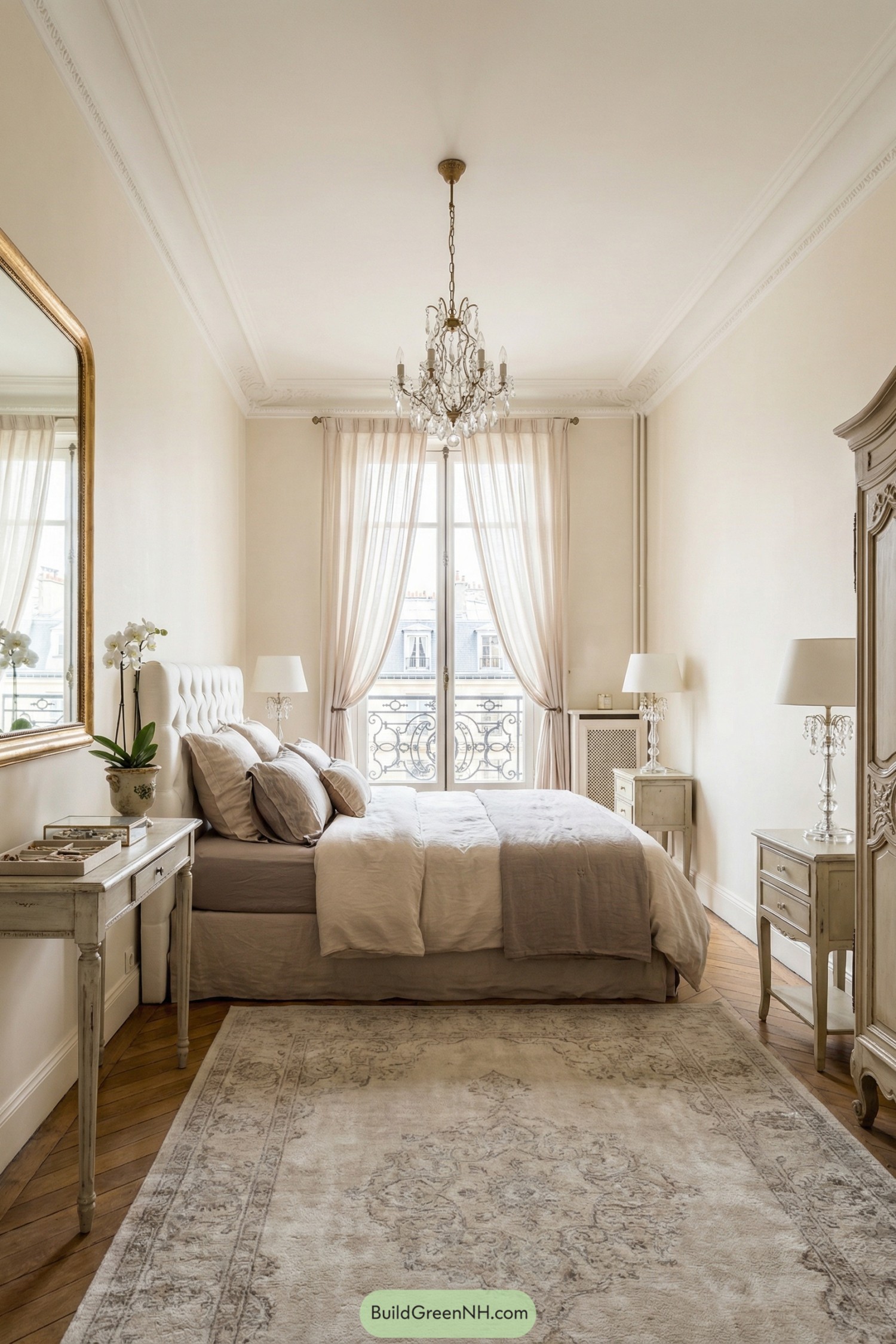 Soft neutral shabby chic bedroom with crystal chandelier and French balcony