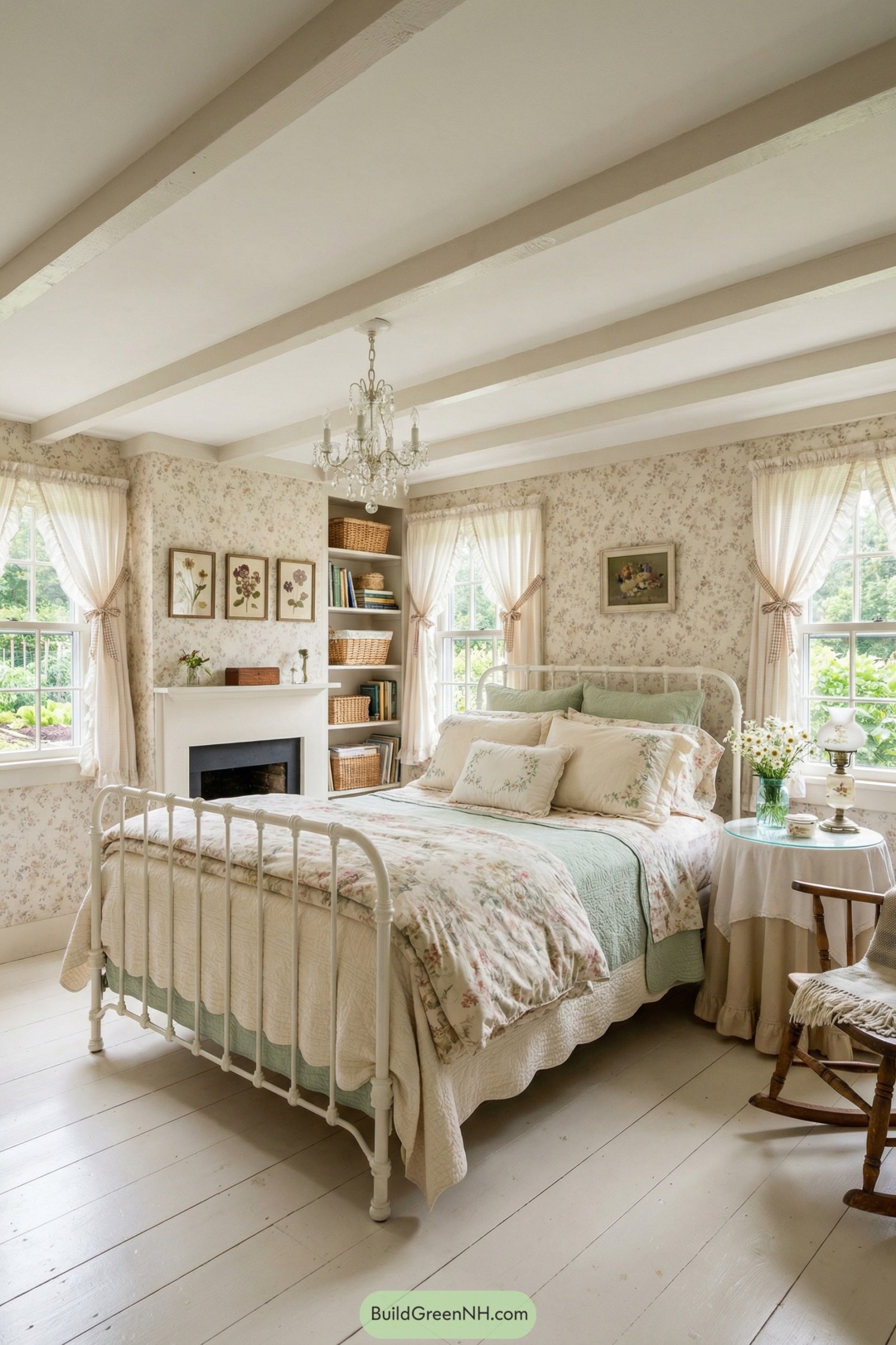 Shabby chic bedroom with floral patterns and vintage cottage furnishings