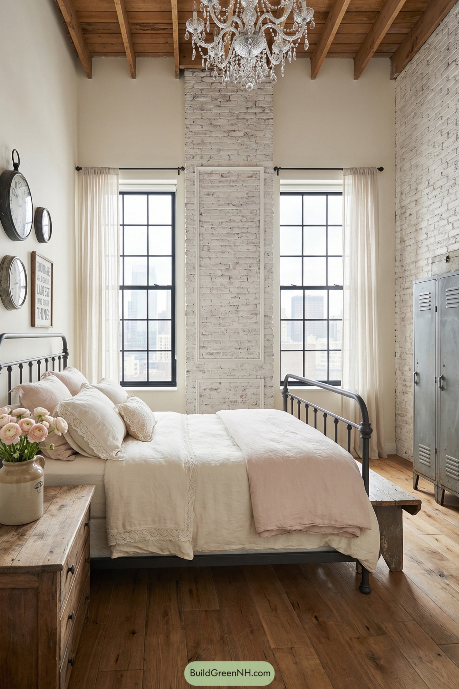 Cozy shabby chic loft bedroom with iron bed, crystal chandelier, and whitewashed brick walls
