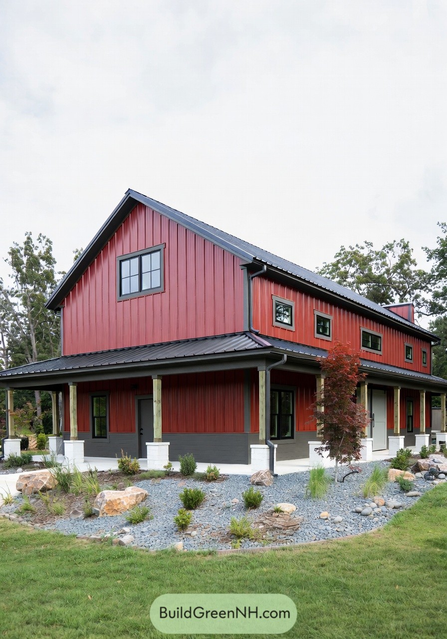 high-res photo of shouse barndominium, barn-inspired modern farmhouse facade with a wide covered wraparound porch and an extended side volume, deep red exterior with charcoal-gray lower wainscot and black trim, long rectangular massing with a tall front gable and a lower shed-roof porch wing, vertical ribbed metal wall panels with exposed corner trim and steel fascia, dark charcoal standing-seam metal gable roof with generous overhangs and visible gable truss accents, black-framed rectangular windows including small high clerestory/loft windows and larger ground-floor units, large tall gray metal sliding barn door on the right side wall, dark entry door recessed under the porch, white square porch posts with simple railing sections and a concrete porch slab, gravel drive and stone-mulch planting beds with large river rock, boulders, low shrubs, ornamental grasses, and a small red-leaf ornamental tree near the porch corner, lush green lawn edges and mature deciduous trees forming a wooded backdrop, rural setting with an overcast sky and soft diffused daylight, single real-life photo, high-resolution, architectural photography, soft lighting, cinematic composition, strictly no collages.