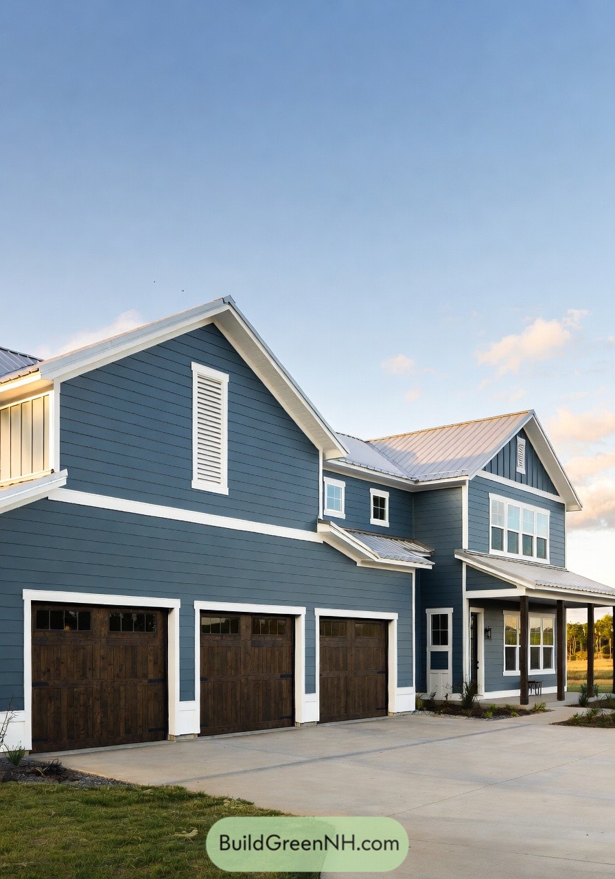 Blue two story shouse with three garages