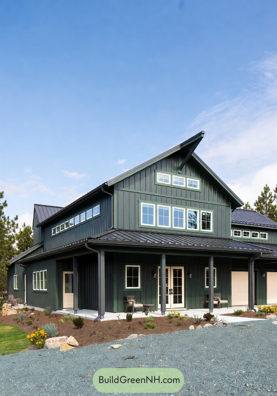 Dark green metal shouse with tall gables, white trim, and attached garage