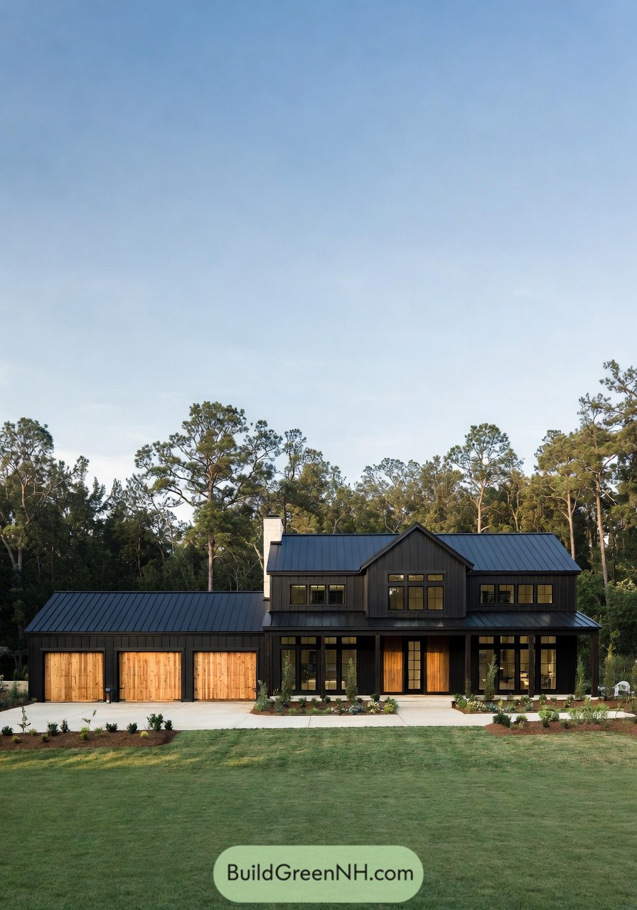 Modern black barndominium with warm wood doors