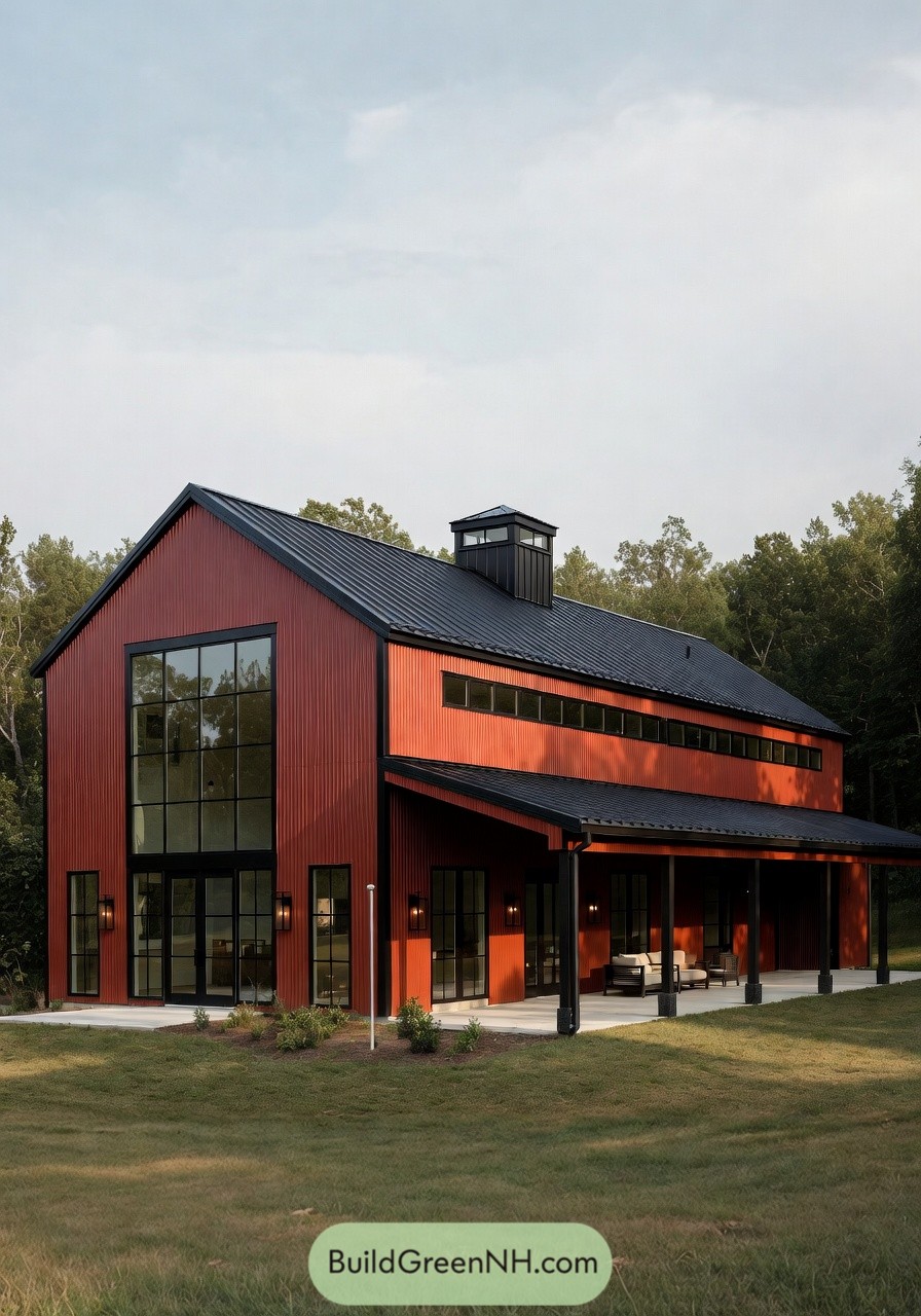 Red modern barn style shouse with tall black framed windows and a covered side porch
