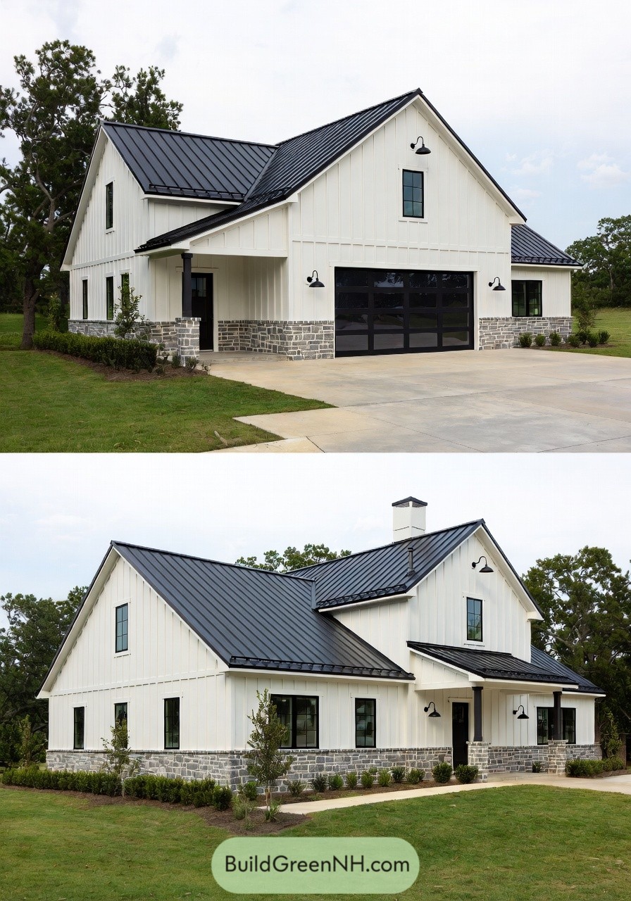 White board and batten shouse with black metal roof, stone base, and large black-framed windows
