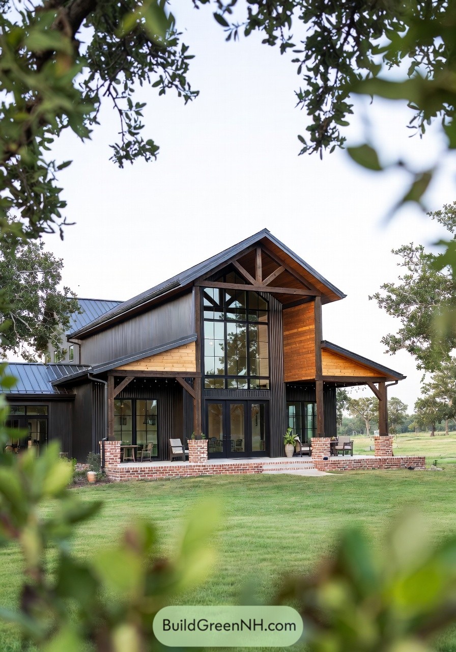 Black metal and wood barndominium with tall glass front and wide covered porch