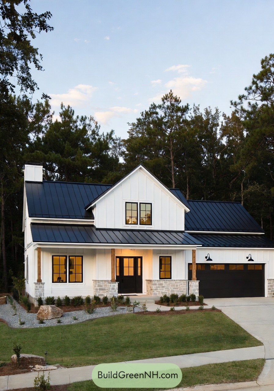 Modern white farmhouse shouse with black metal roof and attached garage