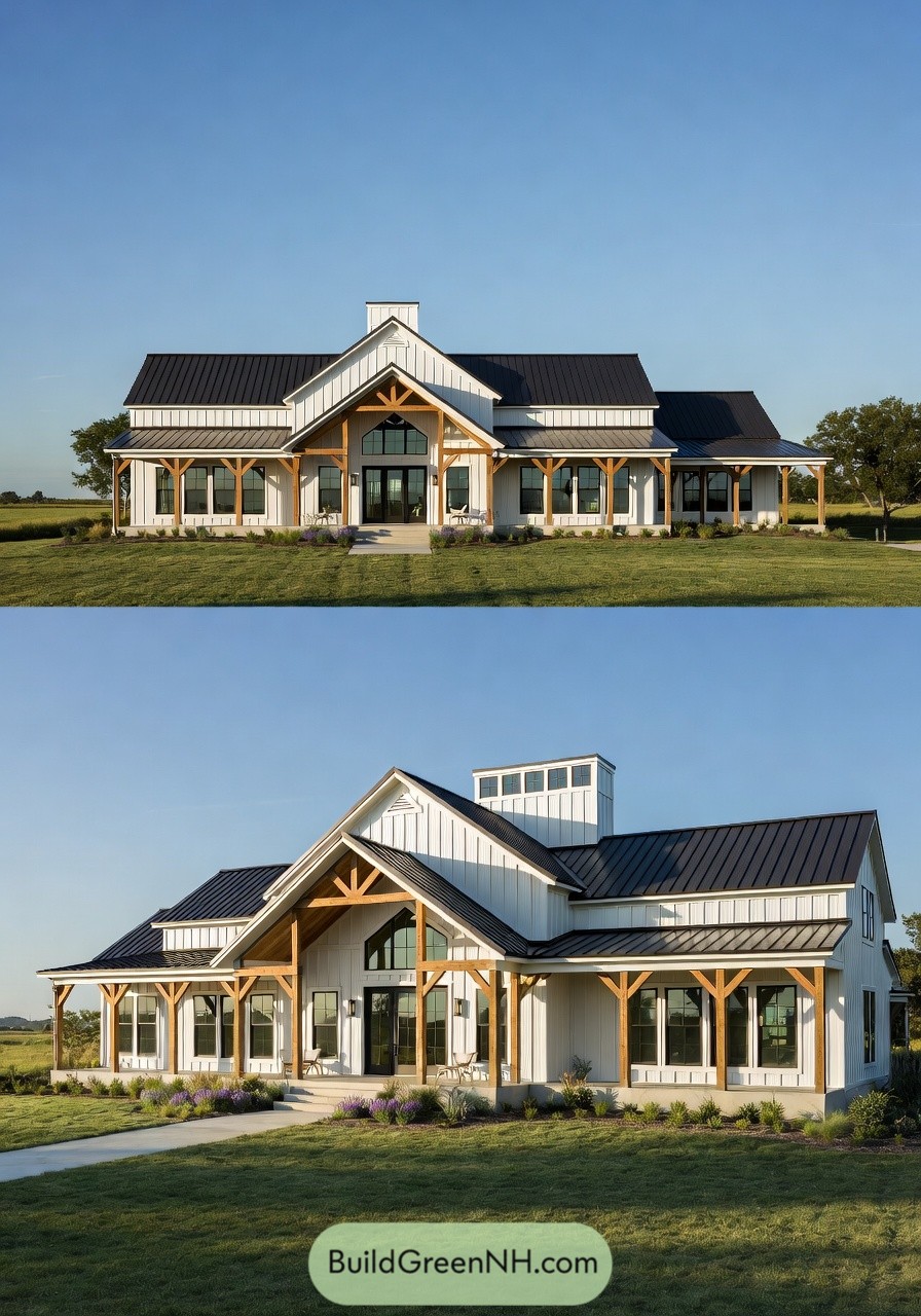 White modern barndominium with timber-framed wraparound porch