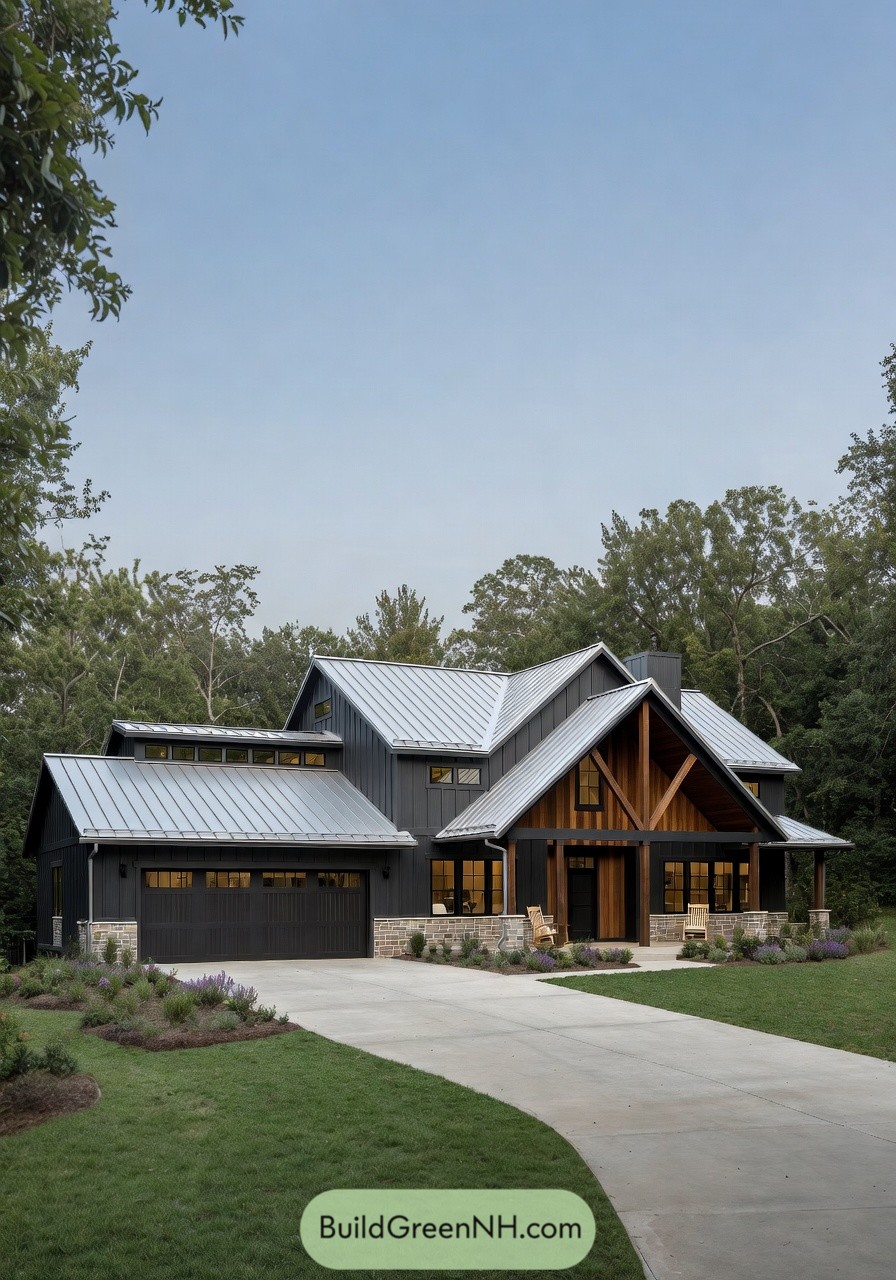 Dark metal shouse with timber porch and stone base
