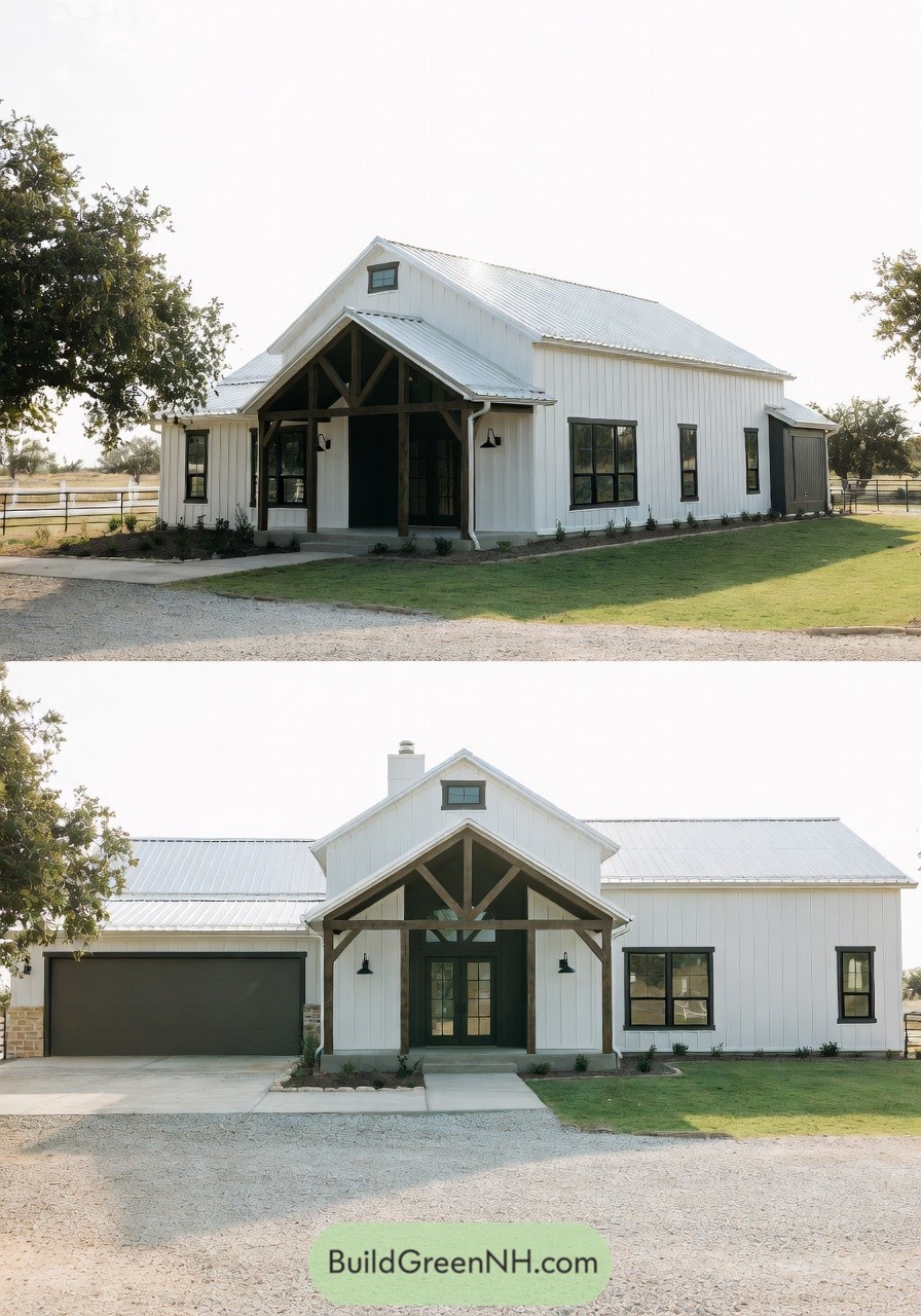 White board and batten shouse with metal roof and timber front porch