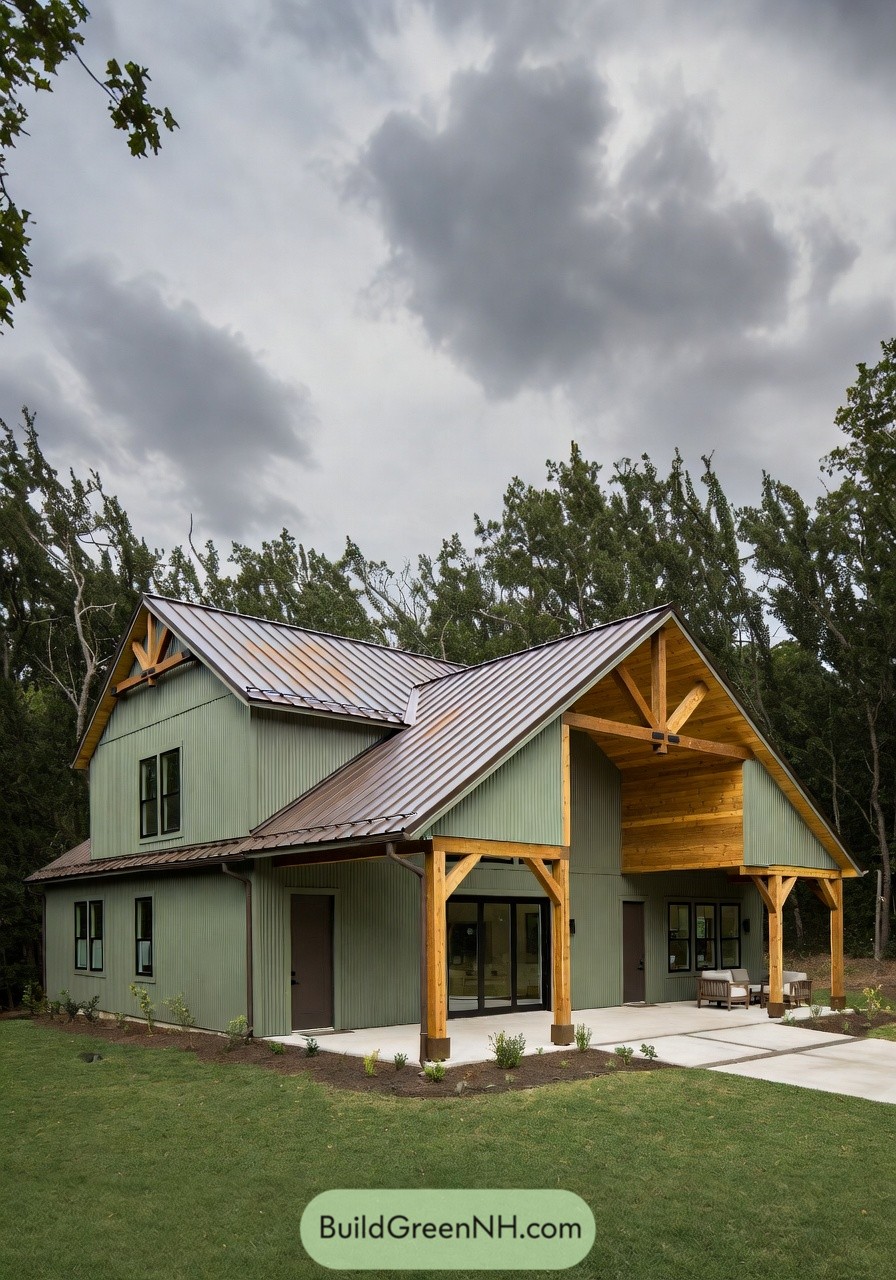Green metal-sided shouse with tall gabled timber porch and metal roof