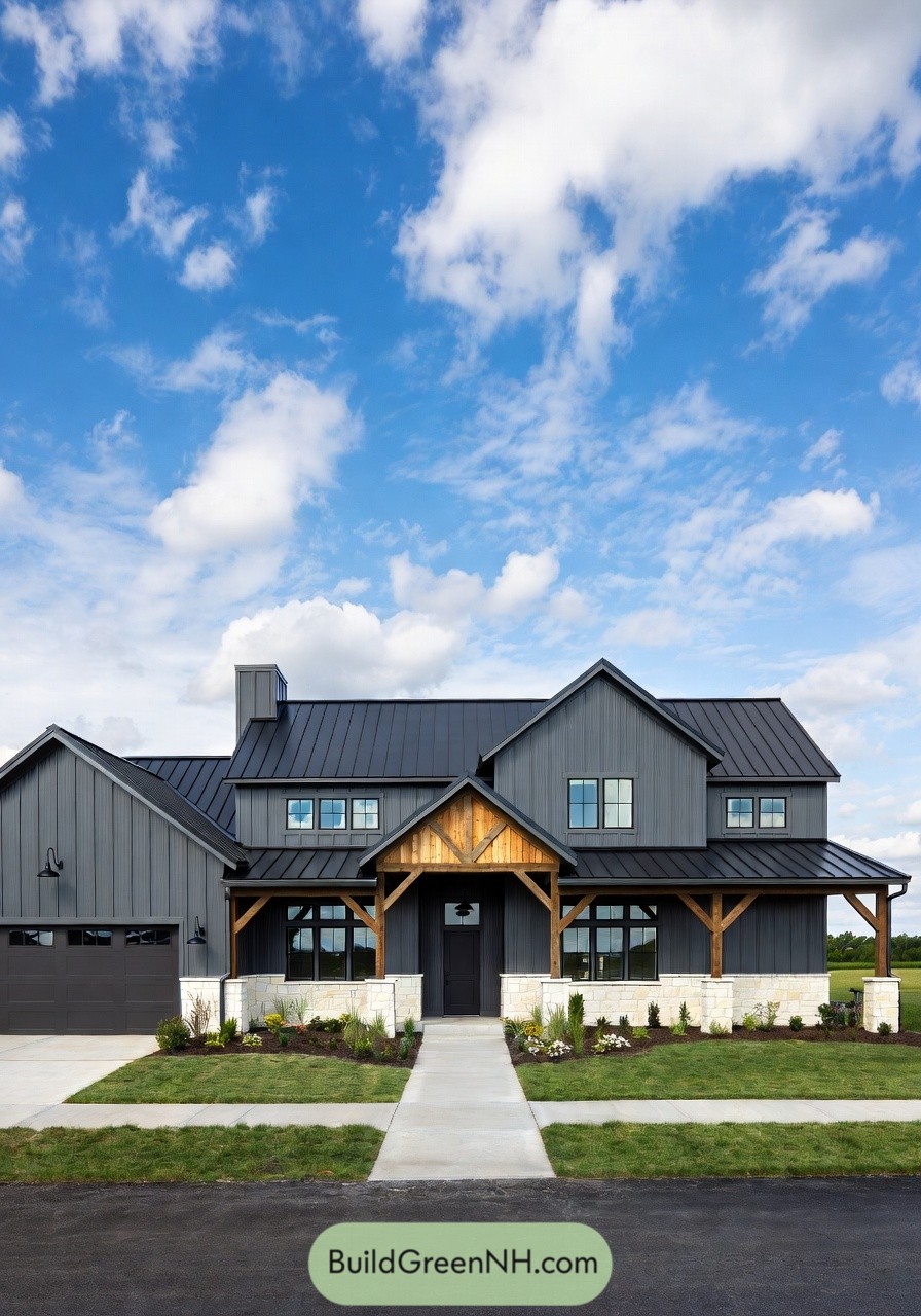 Dark gray modern shouse with timber porch and stone base