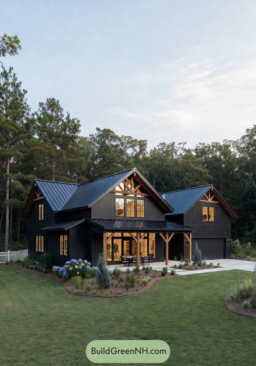 Dark metal barndominium with warm timber trim and large windows set by a wooded yard