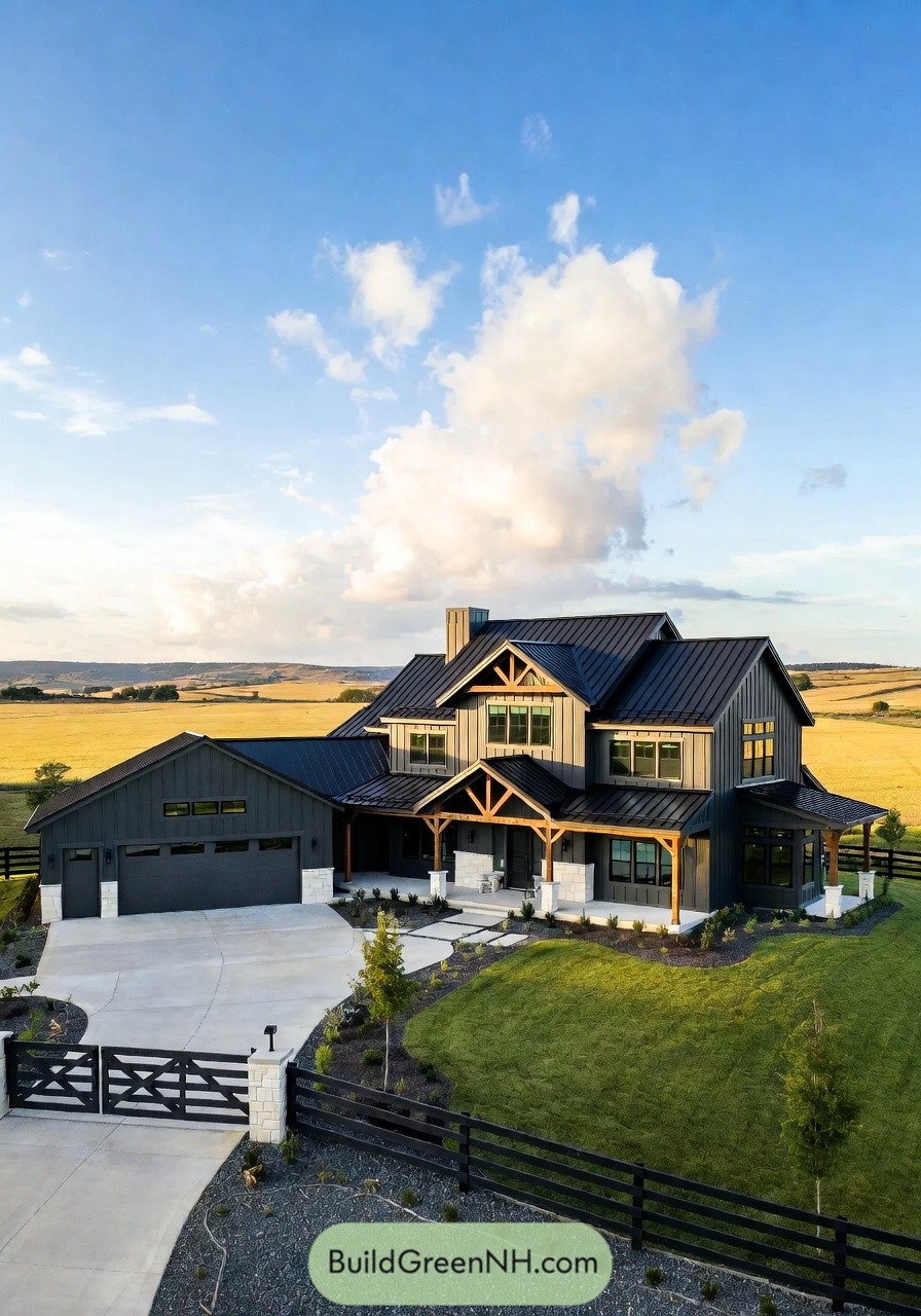Dark gray barndominium shouse with black roof and warm timber porch set on open farmland
