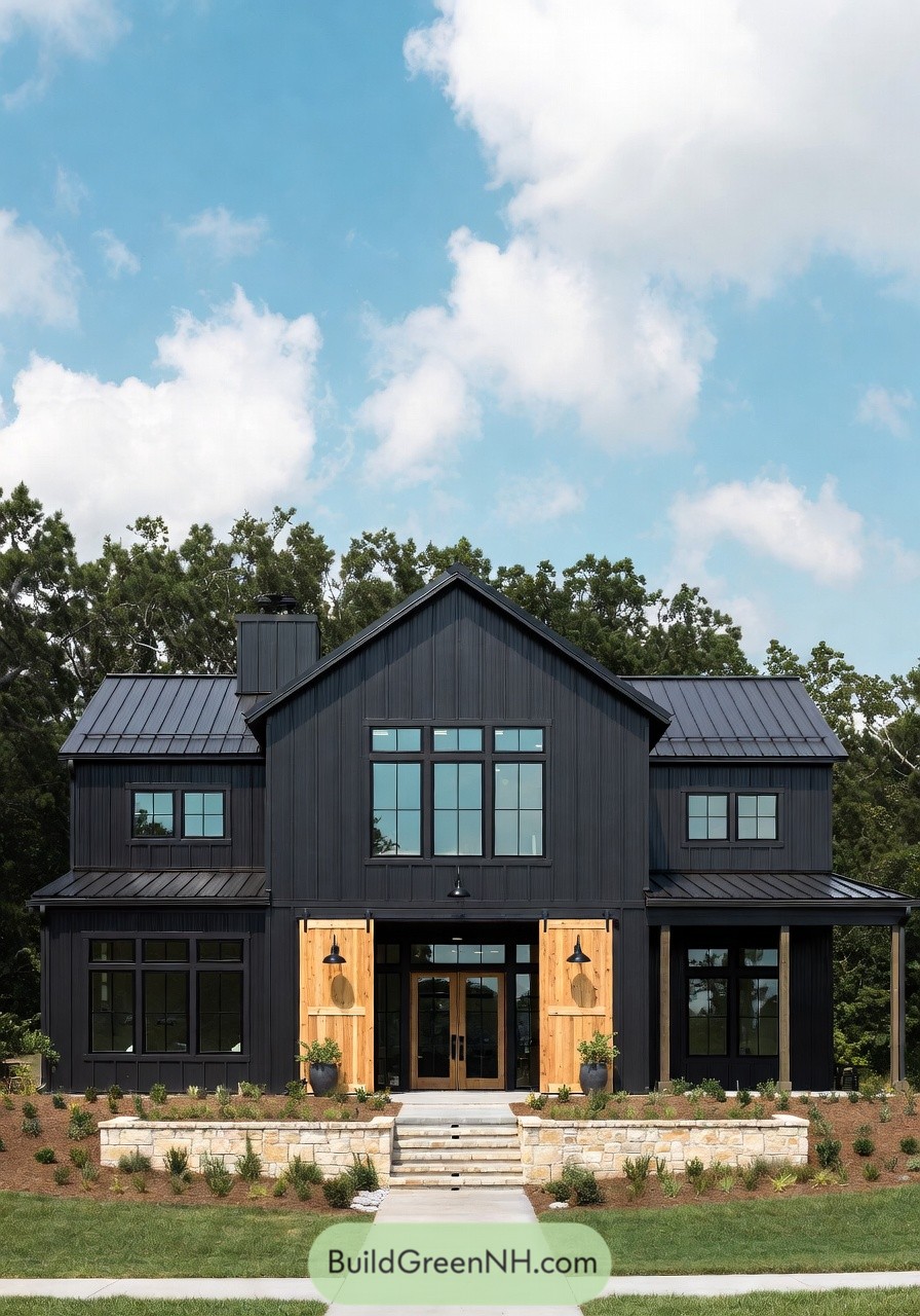 Black modern farmhouse with tall windows and contrasting wood doors