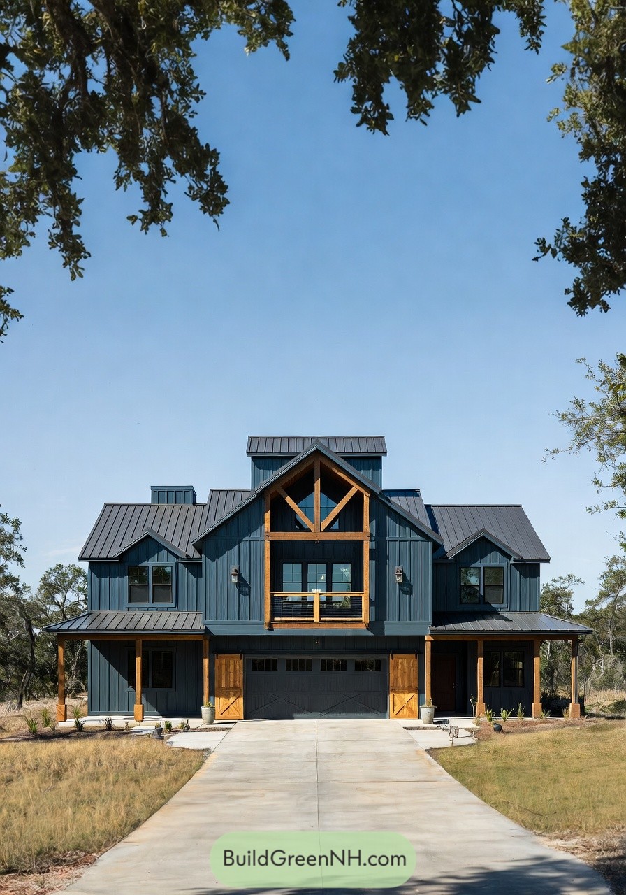 Dark blue barndominium with warm wood trim and central balcony