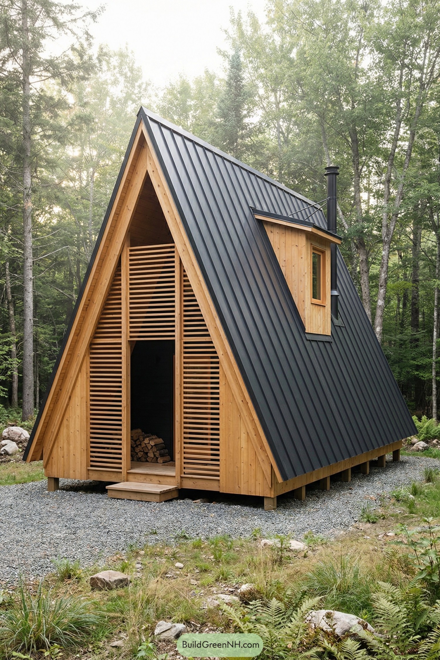 Compact black metal roof A-frame cabin with vertical wood siding and slatted front screen in a forest