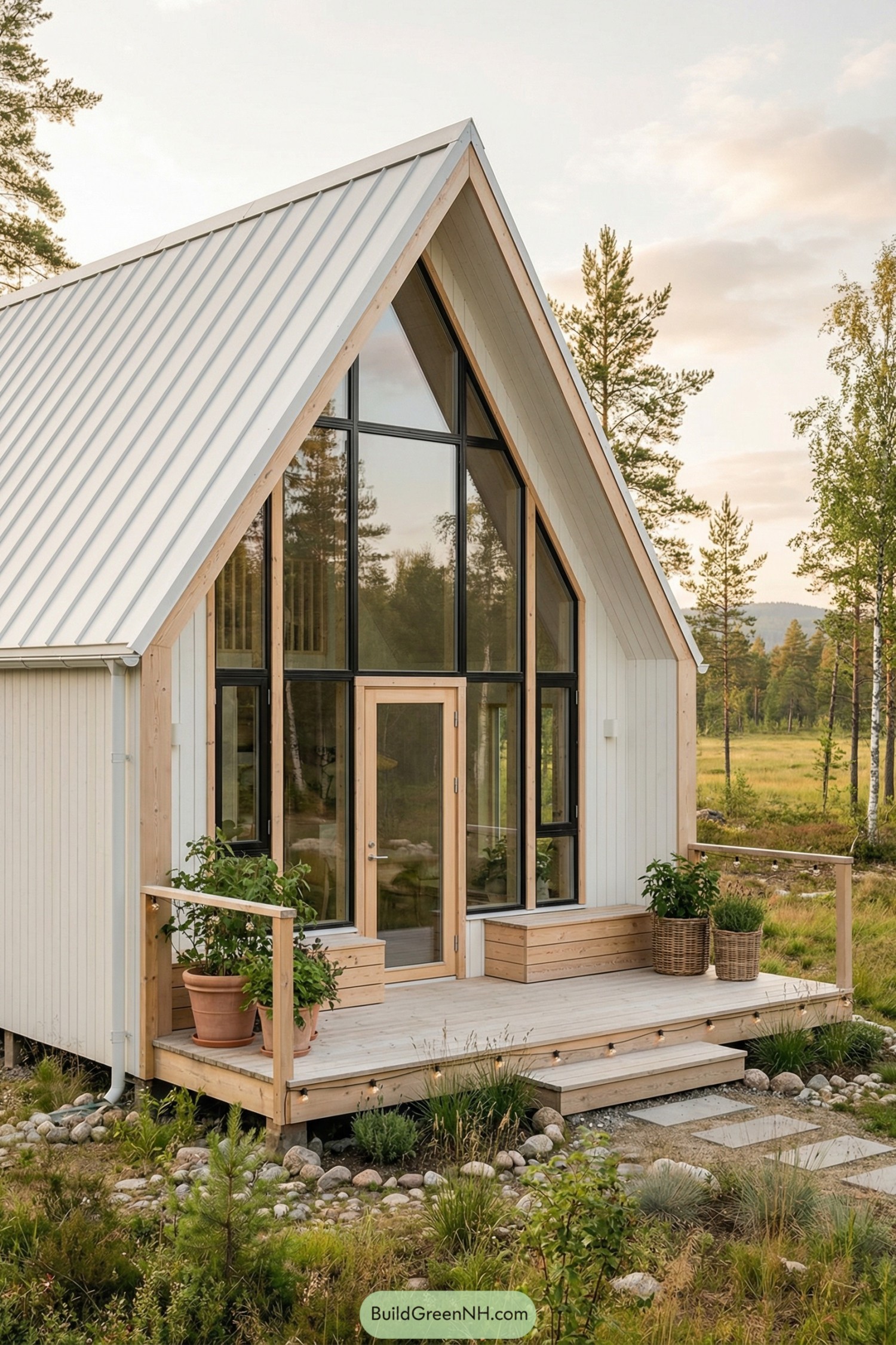 Modern A-frame cabin with tall glass facade