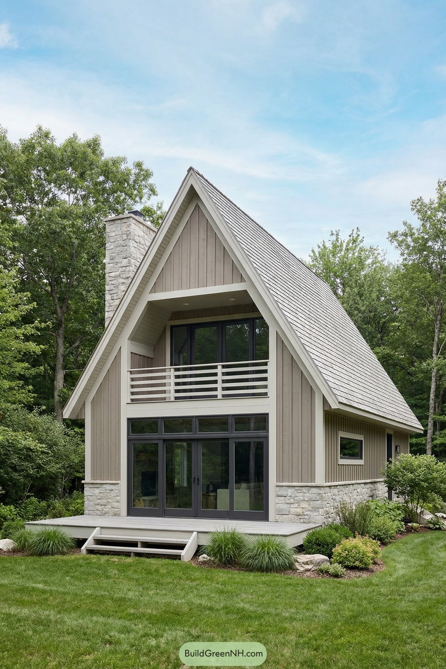 Modern taupe A-frame cottage with stone base and large glass doors in a green yard