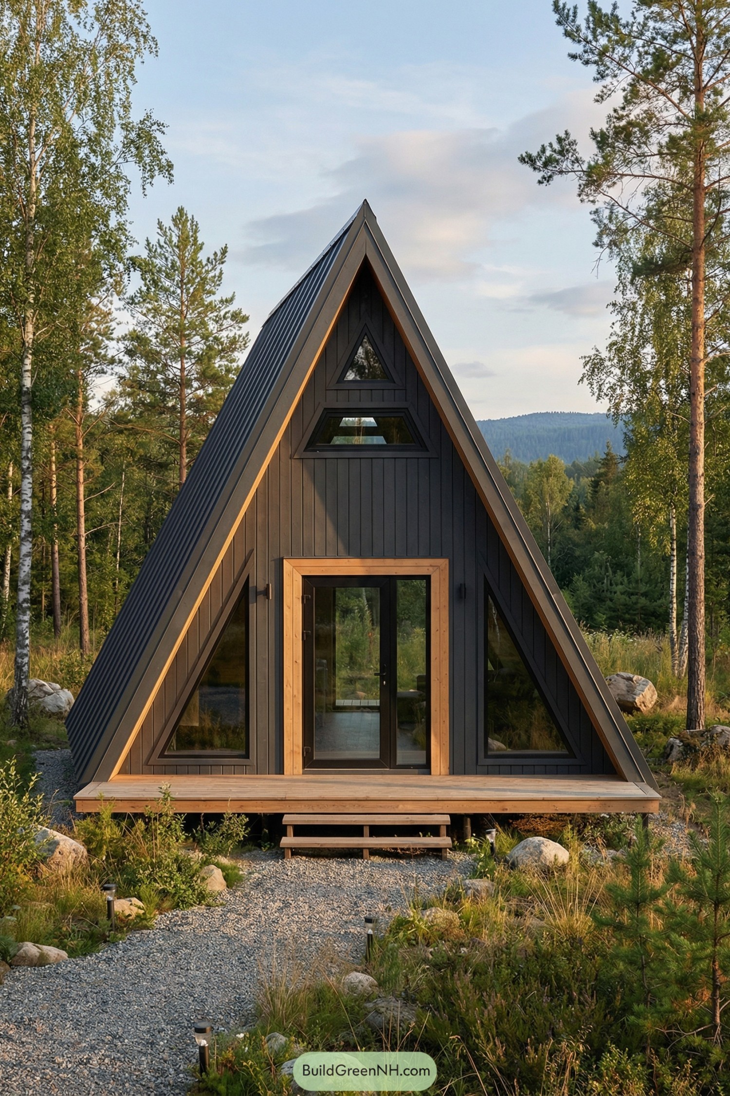 Dark A frame cabin with warm wood trim in a forest clearing