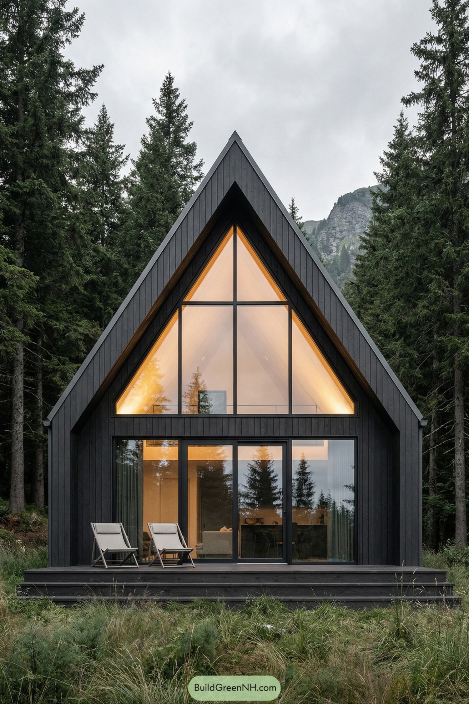 Modern black A frame cabin with large glass facade in a forest clearing