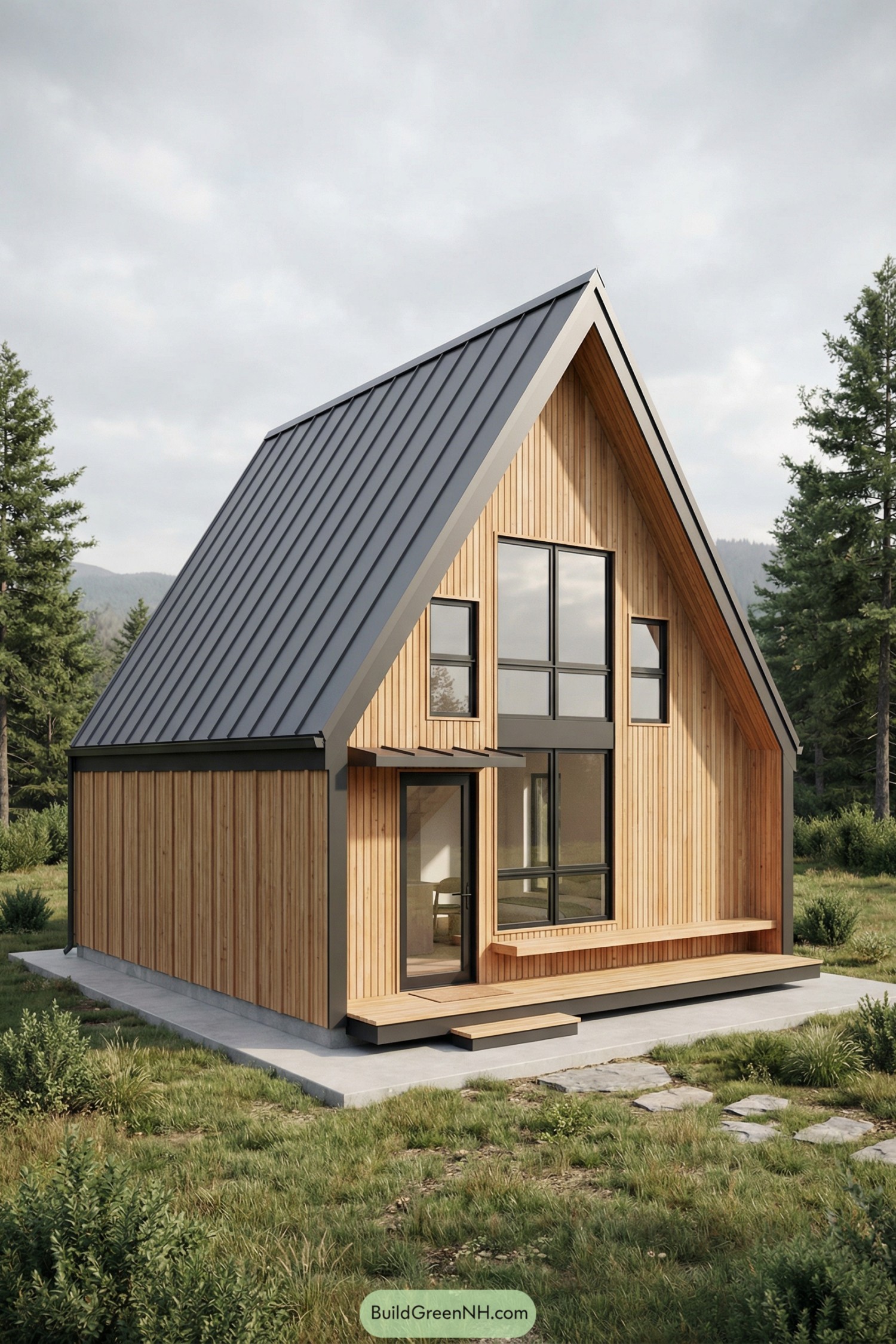 Compact A frame cabin with metal roof and tall windows in a grassy clearing