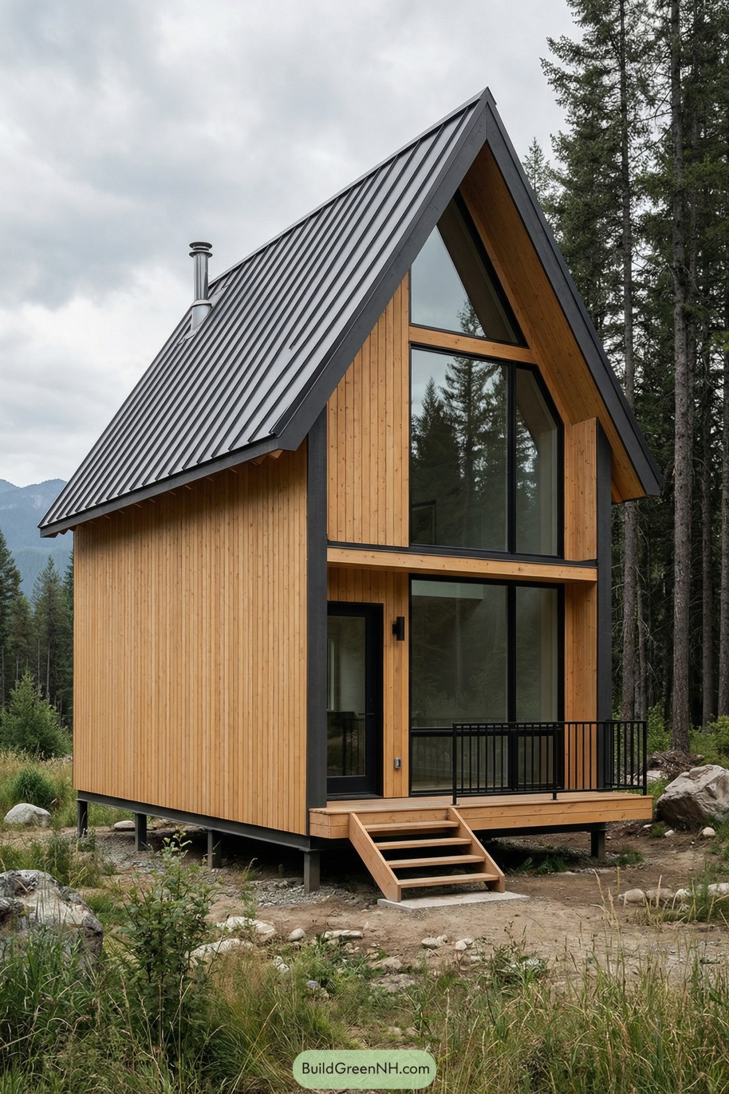 Small modern A frame cabin with tall metal roof and large front windows in a forest clearing