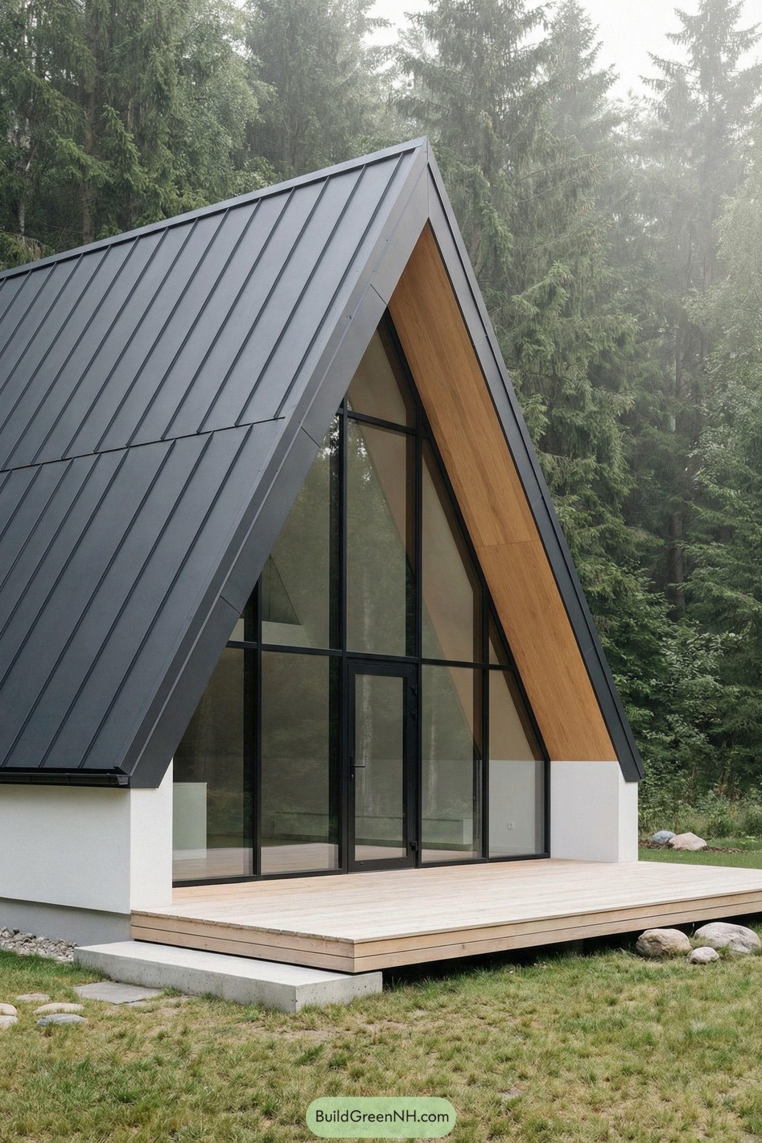 Modern A-frame cabin with dark metal roof, wood accents, and full-height glass facing the forest