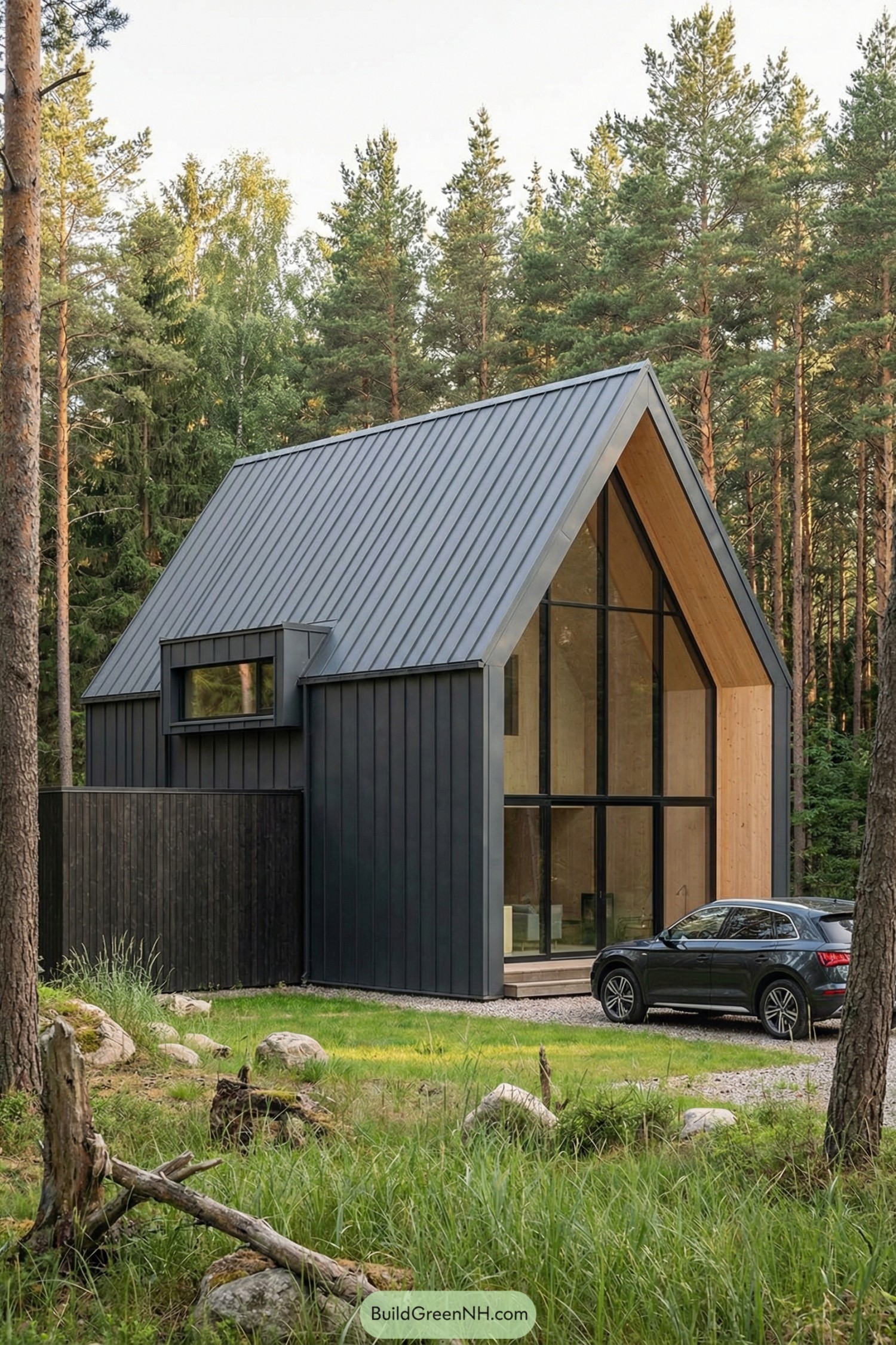 Modern black metal A frame cabin with tall glass front nestled in a pine forest