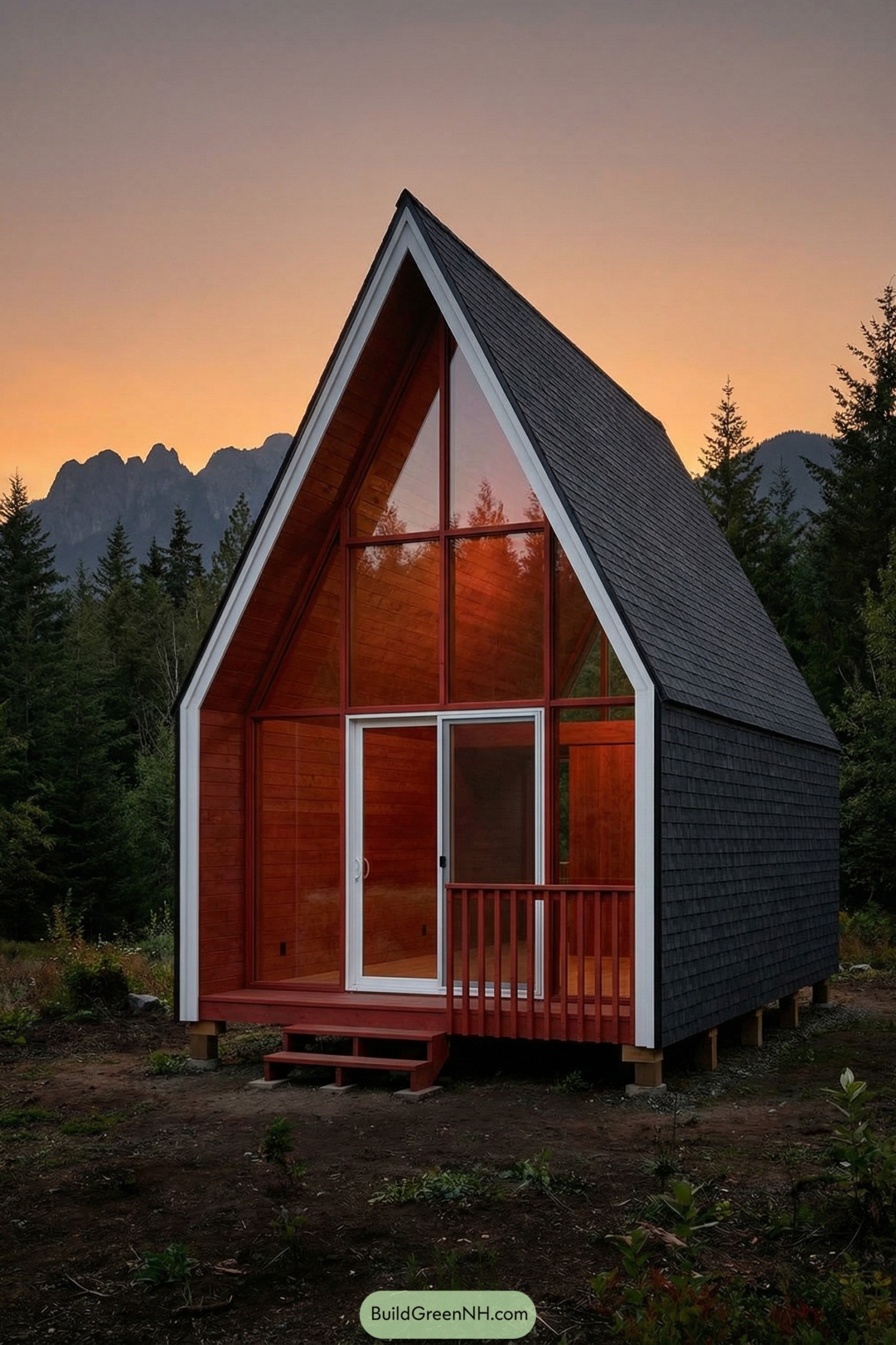 Small A-frame cabin with tall glass front and red wood interior at sunset