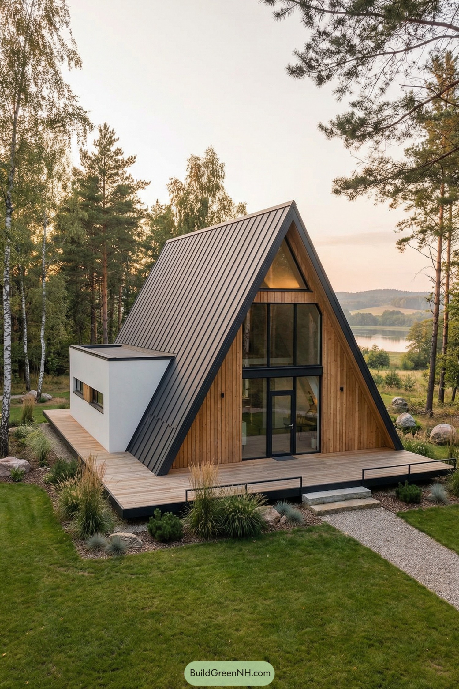Modern A frame cabin with tall black roof and glass front set in a green lakeside clearing