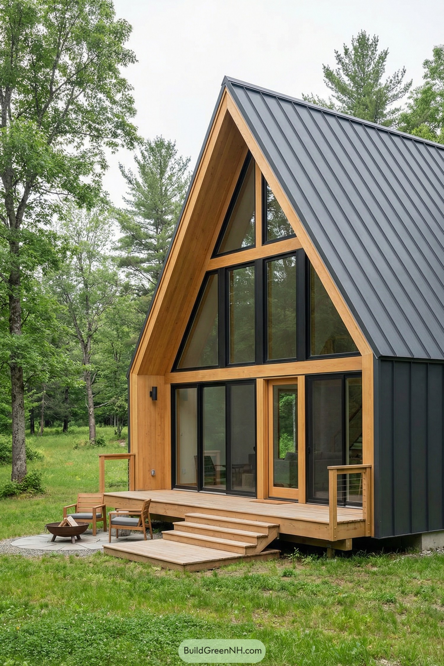 Modern A frame cabin with wood deck