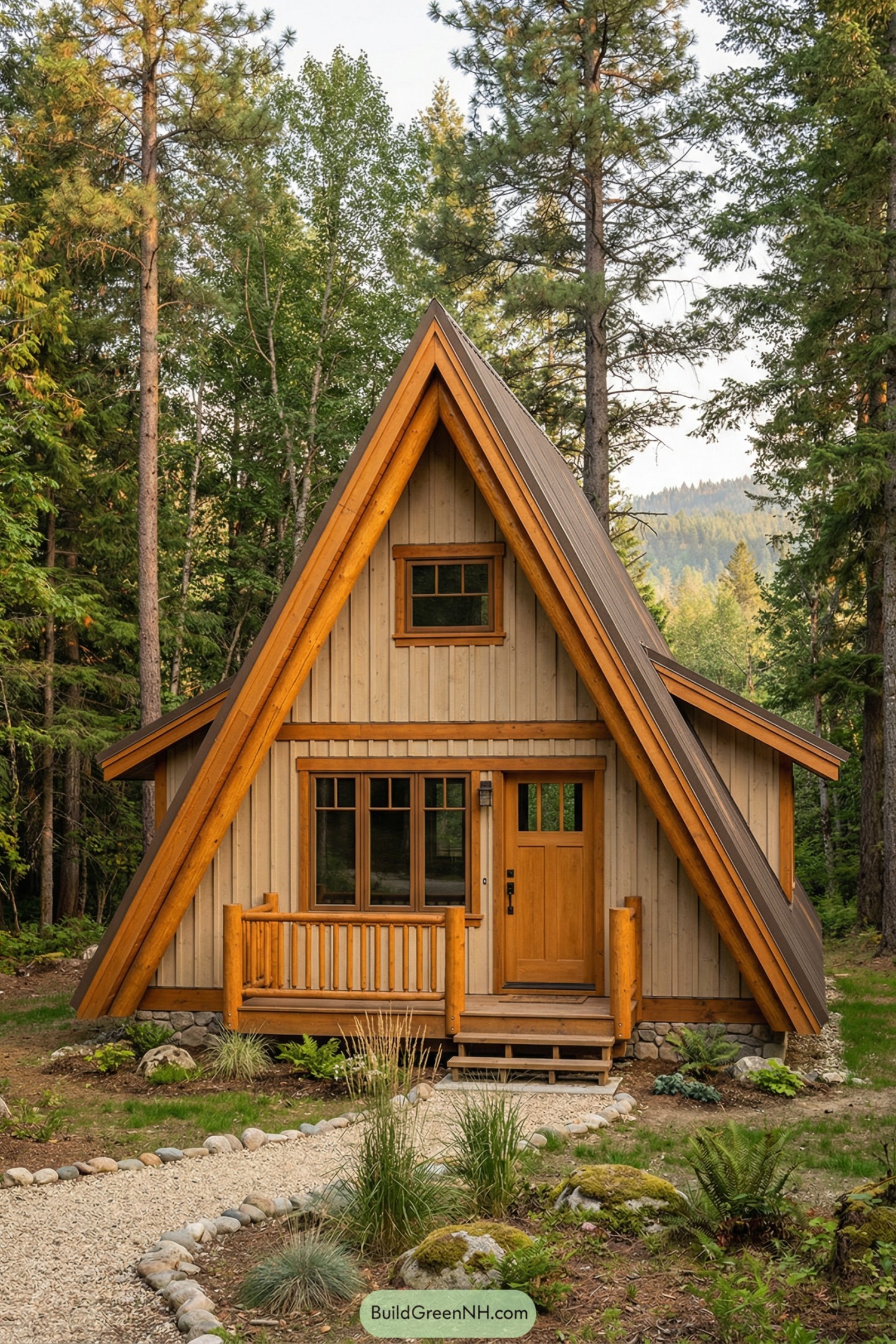 Compact A-frame cabin with warm wood exterior nestled in a forest clearing
