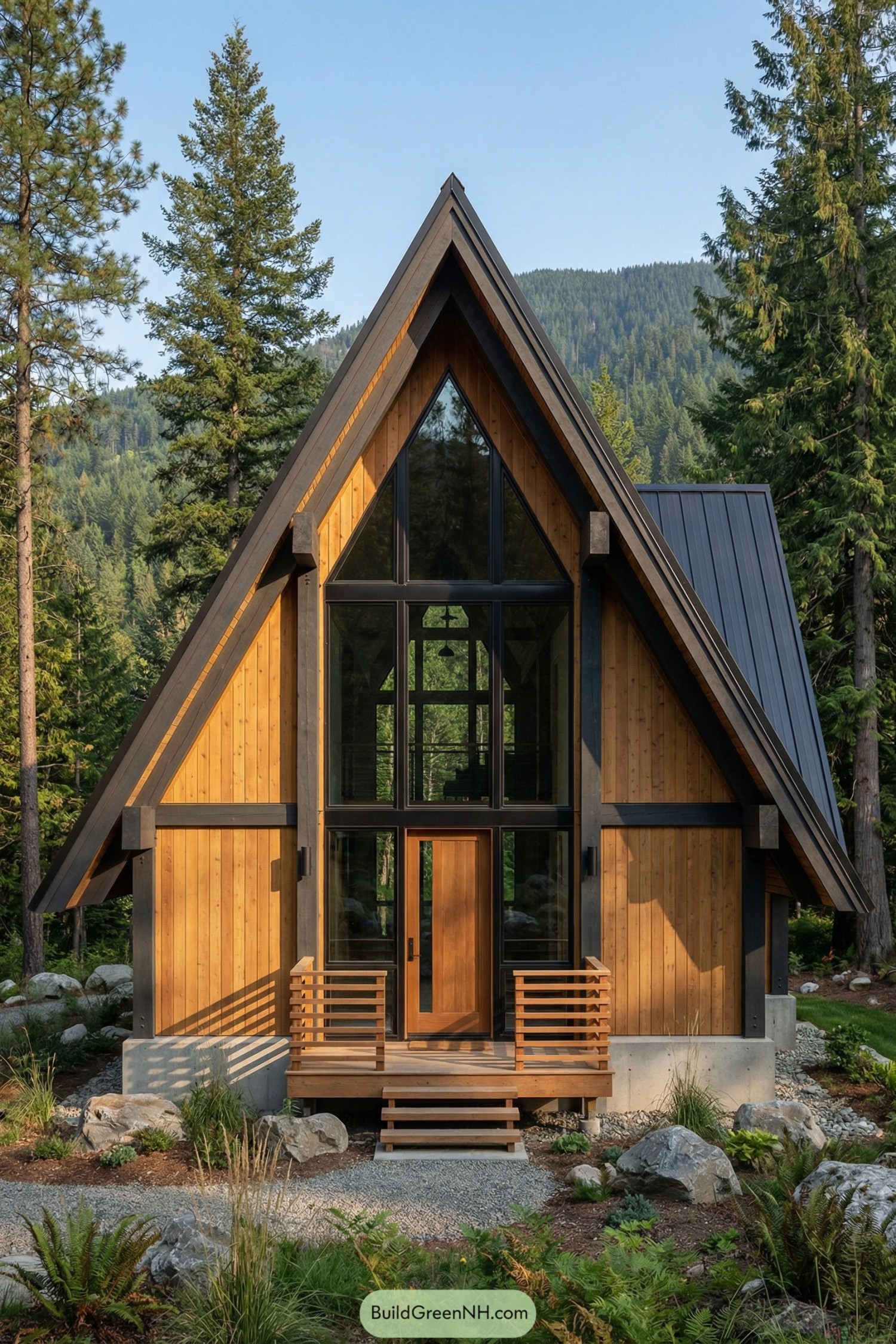 Tall cedar A frame cabin with black trim and large front windows in a forest setting